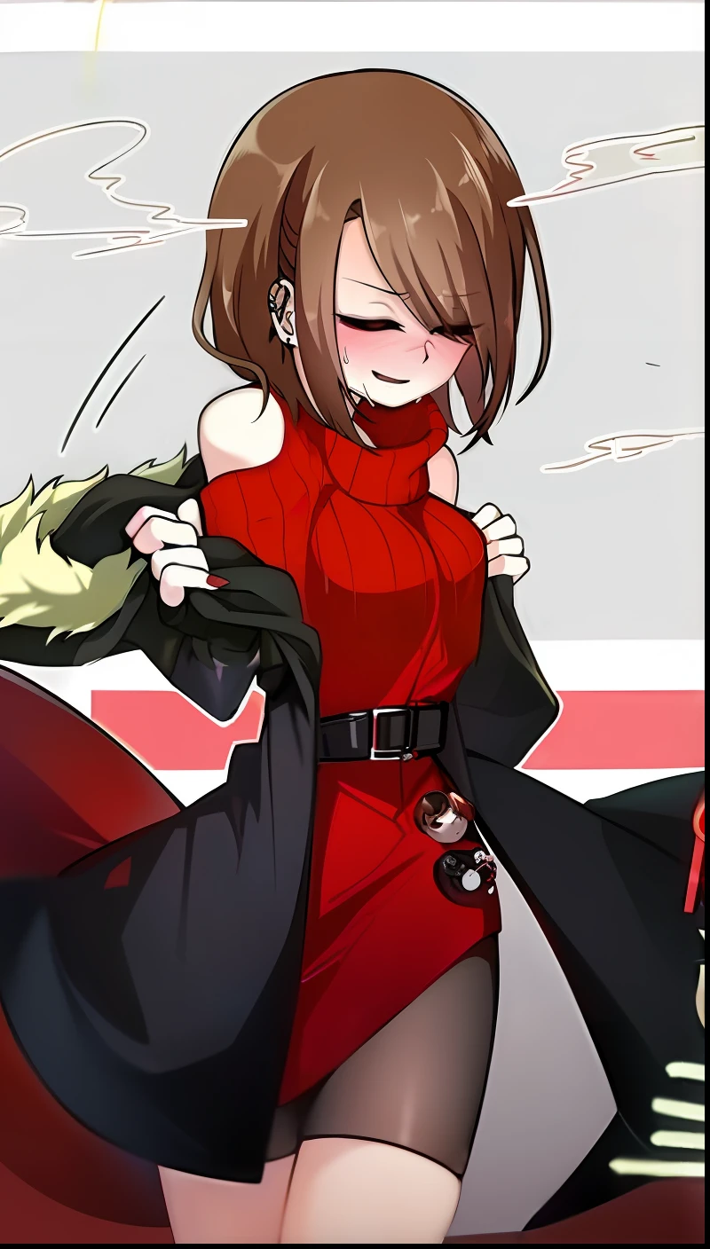 anime girl in red dress with a furry hoodie, akane owari danganronpa, pin on anime, female protagonist 👀 :8, she has a cute expressive face, so happy that her face hurts, top rated on pixiv, [[[[grinning evily]]]], wry smirk, black shirt with tall black stoackings and a red shoes,