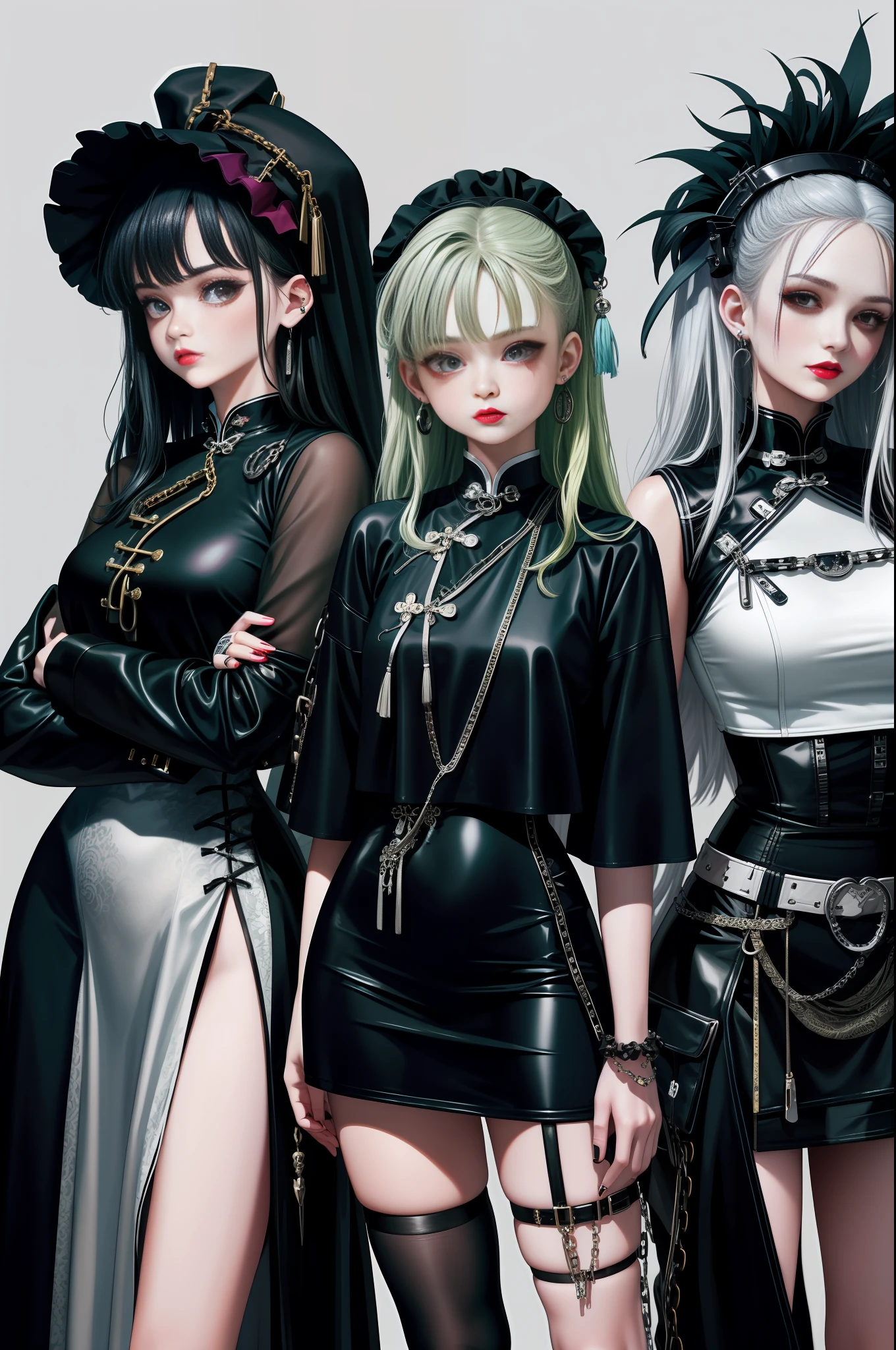 Close-up of three women in different costumes on white background, grunge style, grunge aesthetics, !!!, grunge aesthetics!!! (, y gloomy style, grunge aesthetic, grunge fashion, teeunge punk rock, Y2K style, y 2 k style, punk style, this set style, gothic style, retro aesthetic, 90s style, retro look, standing, cheongsam, chain,