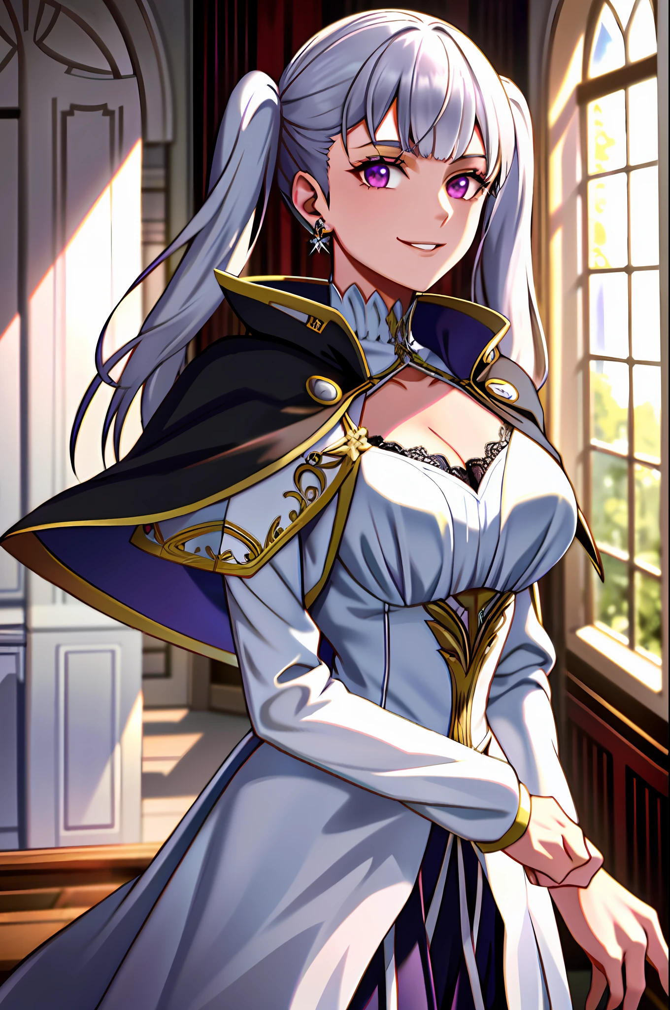 1girl, cowboy shot, beautiful noelle_silva,long hair ,twintails, bangs, earring,jewelry, silver hair,purple eyes, mage_dress,white dress, cleavage, capelet,long sleeves, water, medium breast ,smile,room,indoors, front light, volumetric lighting, best quality, masterpiece, intricate details, tonemapping, sharp focus, hyper detailed, trending on Artstation, black cape,