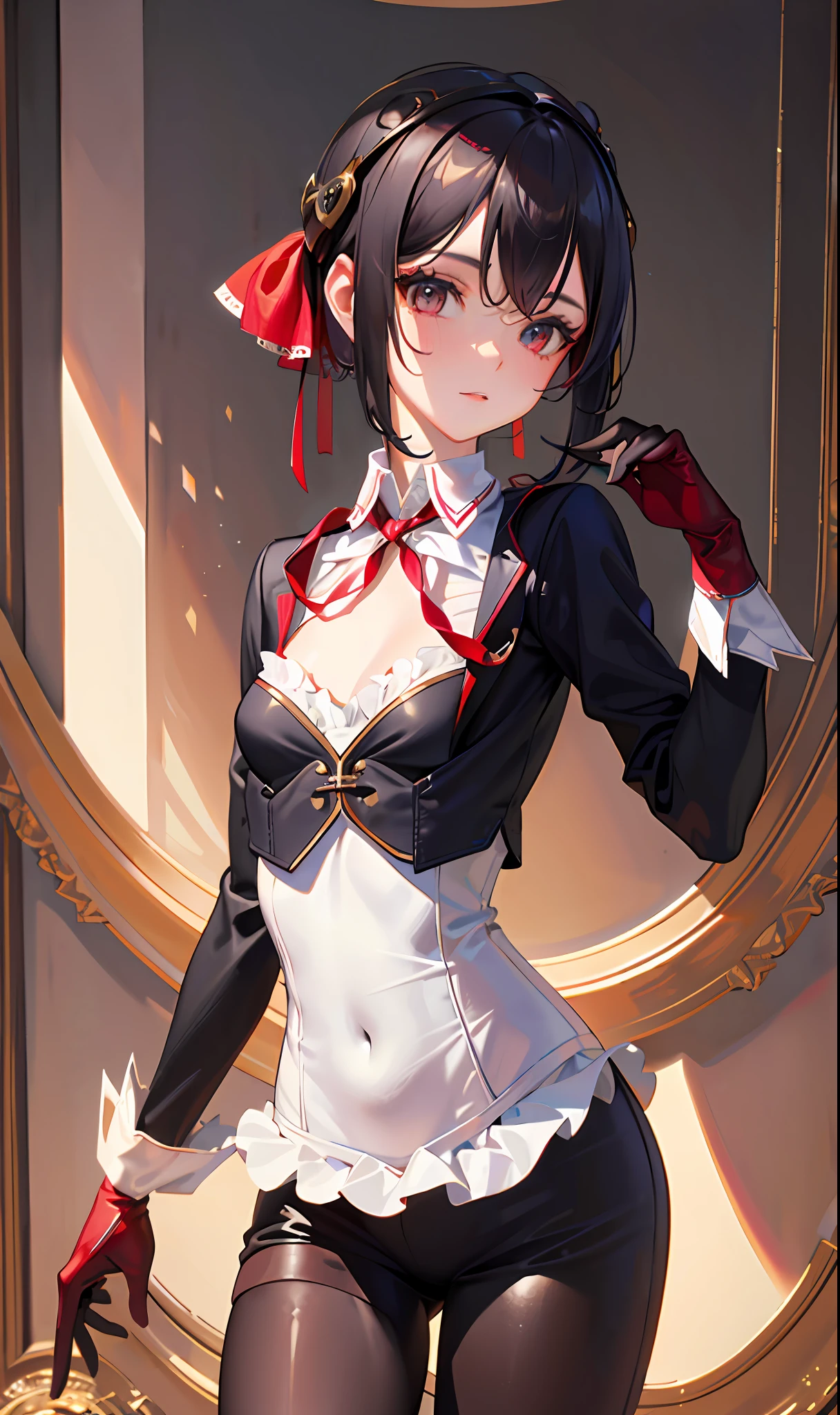 (masterpiece, sidelighting, finely detailed beautiful eyes: 1.2), (masterpiece*portrait), portrait, (bust), realistic, 3d face, lusious skin, ((solo)), (close-up of face), (scarlet eyes), hanging corners, (high detail skin, visible pores)), (Perfect Figure), a beautiful steampunk girl, small breasts, ((uniform containing a bust-length small blazer)), (ribbon collar), (short gloves as short as half a palm)