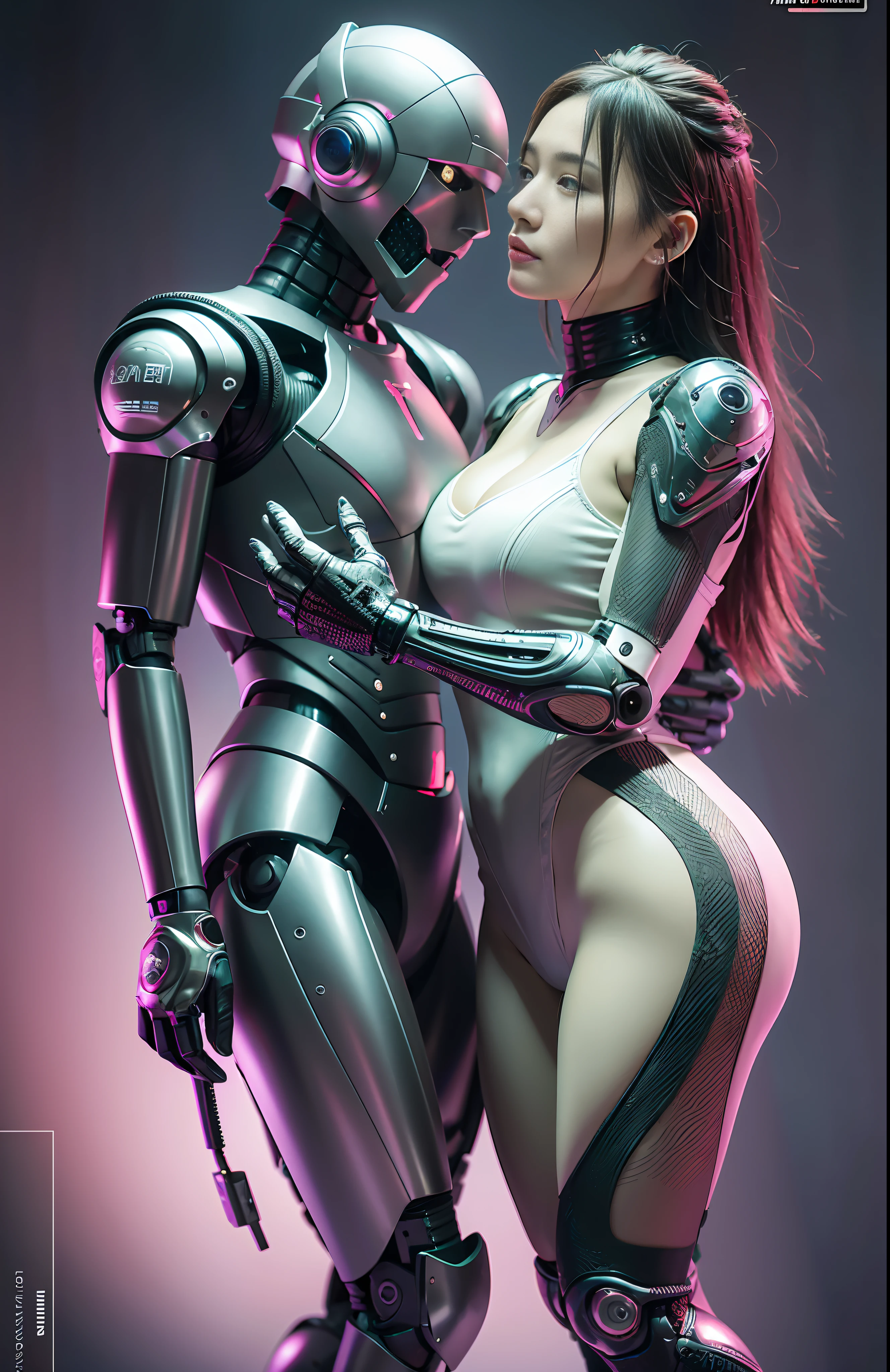 A burly male robot and a real realistic 25 year old woman in short skirt passionately lingering hugging and kissing, complex 3d rendering very detailed beautiful ceramic silhouette female robot face, robot, robot parts, 150mm, beautiful studio soft light, edge light, vibrant details, luxurious cyberpunk, lace, surrealism, anatomy, facial muscles, cable wire, microchip, elegant, beautiful background, octane rendering, HR Giger style, 8k, best quality, masterpiece, illustration, very refined and beautiful, very detailed, CG, unified, wallpaper, (realism, fidelity: 1.37), amazing, fine detail, masterpiece, best quality, full body,