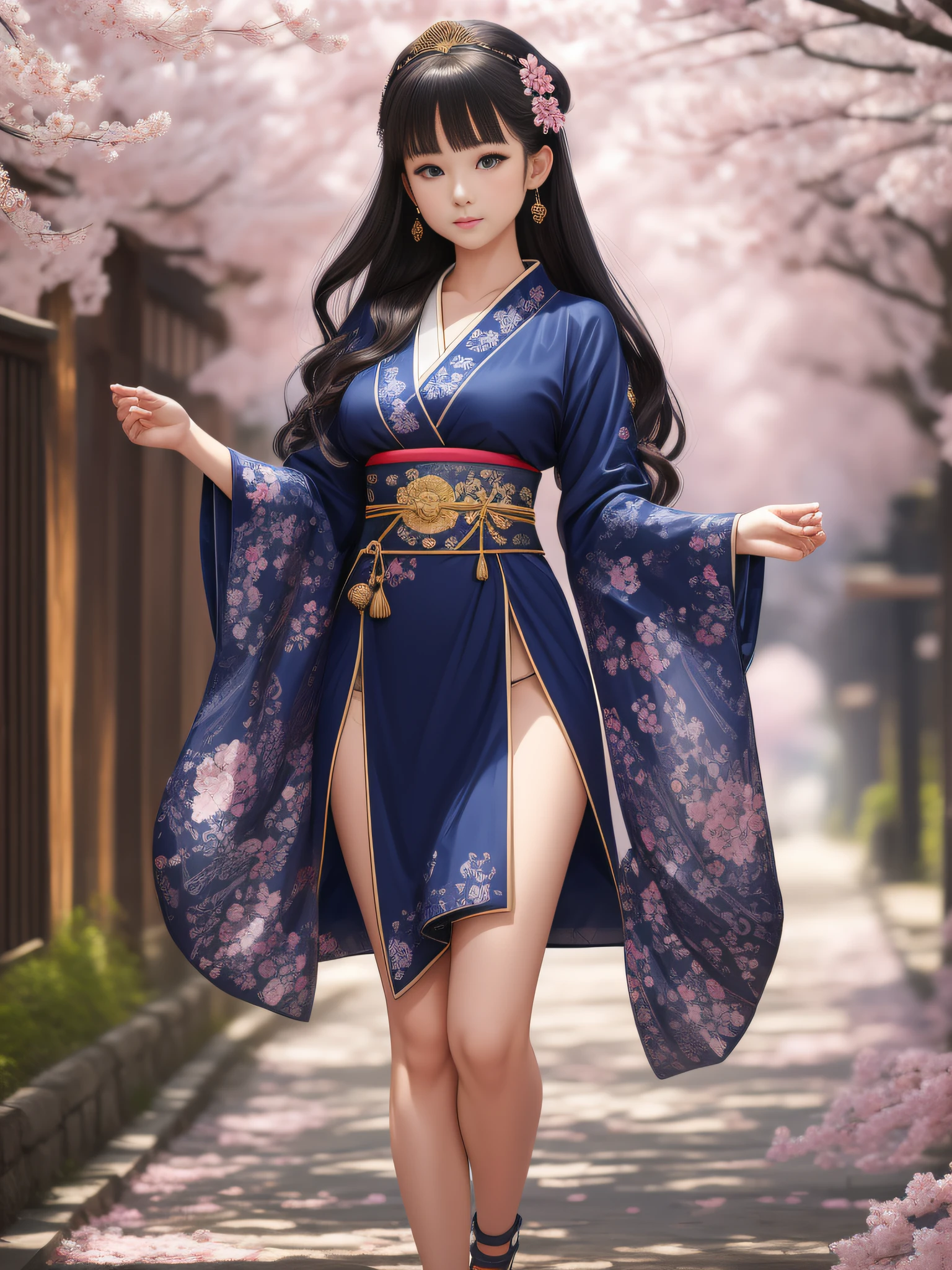 full body,full shot,sfw,russian goddess princess girl in the image of a geisha with big bright blue eyes and long fluffy eyelashes Nordic type with a perfect graceful figure and very long and fluffy wavy hair of bright wheat colour stands in full growth on the alley against the background of blooming Japanese pink sakura in Japanese kimono colour bright navy blue and Japanese shoes gane colour bright navy blue, Girl's lace kimono with intricate patterns with frank cutouts ultra short frankly sexy, Small breasts with protruding are viewable through the fabric and in the girl's ears are beautiful long delicate ear-rings with precious sapphires that shimmer and sparkle in the light The ground on which the girl stands is lavishly strewn with cherry petals, the scene is highly artistic, high resolution, sharp focus, artistic style Migjorni-V5, hyperphotorealism, perfect proportions, golden ratio photo, flare, outline, sunlight, soft glow, soft focus, photography style soft focus through a Monocle lens.