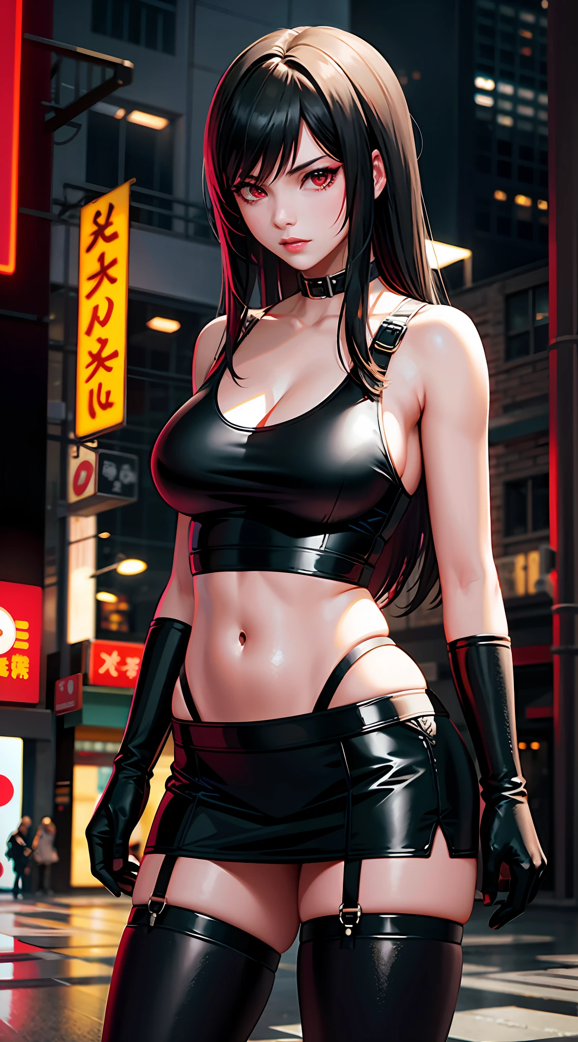Tifa lockhart, tifa_lockhart,  ff7, sultry face, (white tank top:1.2), black latex miniskirt, (black long hair), hair bangs (red eyes:1.3) long eyelashes, beautiful red eyes with brightness, surrealism, shadow, stereogram, (photorealistic, realistic: 1.2), POV, atmospheric perspective, cinematic lighting, ray tracing, 8k, super detail, best quality, masterpiece, well detailed, (Canan EOS R6, 135mm, 1/1250s, f/2.8, ISO 400:0.9), cyberpunk, neon, neon signs, ramen shops, (large breasts) red combat gloves