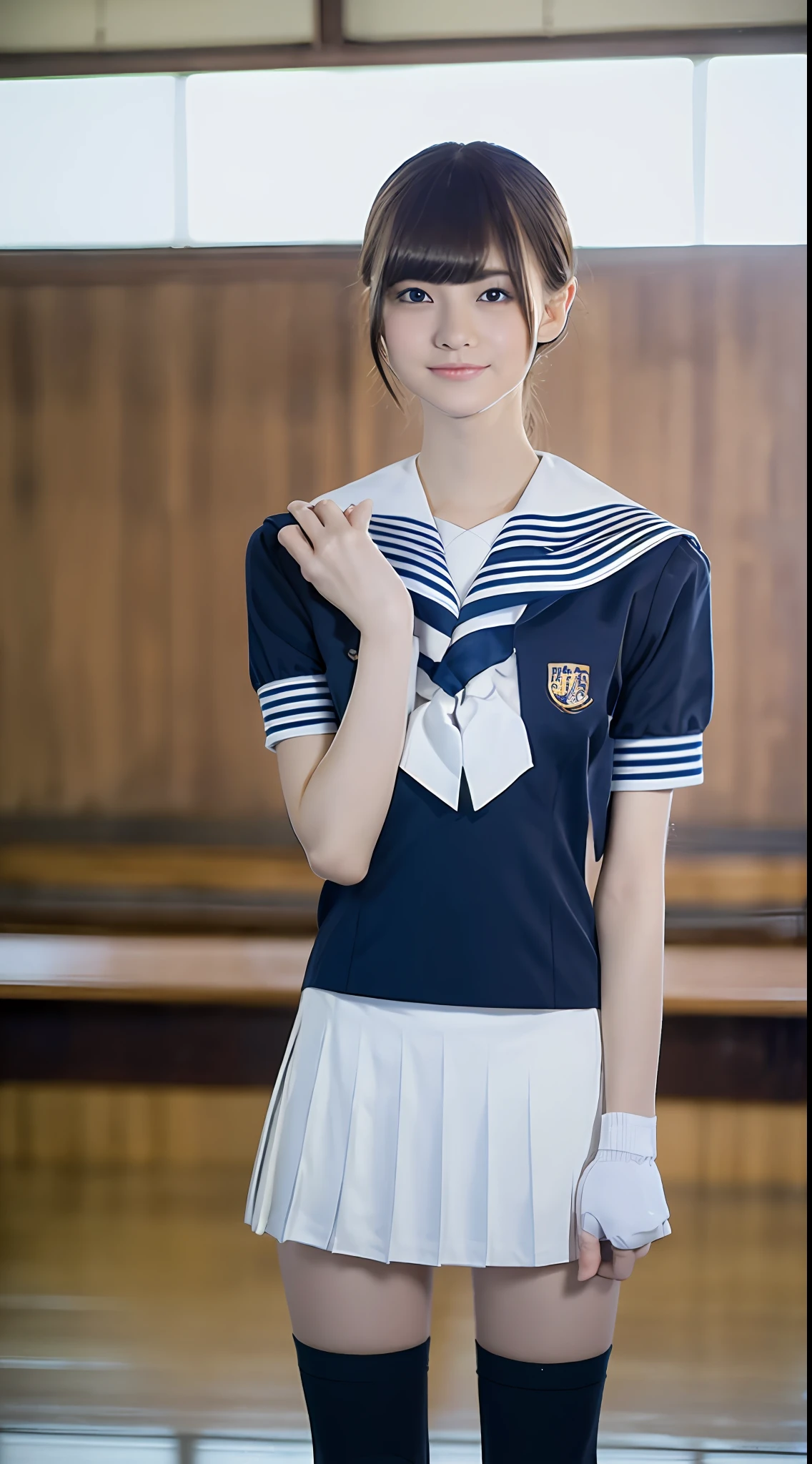 ((Top Quality, 8k, Masterpiece: 1.3)), 1 girl, Beauty with slender abs: 1.3, (Medium Short Hair, Big: 1.2), Sailor Suit: 1.1, Ultra Detailed Face, Detailed Eyes, Double Eyelids, Black Pleated Skirt, Uniform, Navel, Classroom, Thin Legs, Knee High Socks, Soft Smile