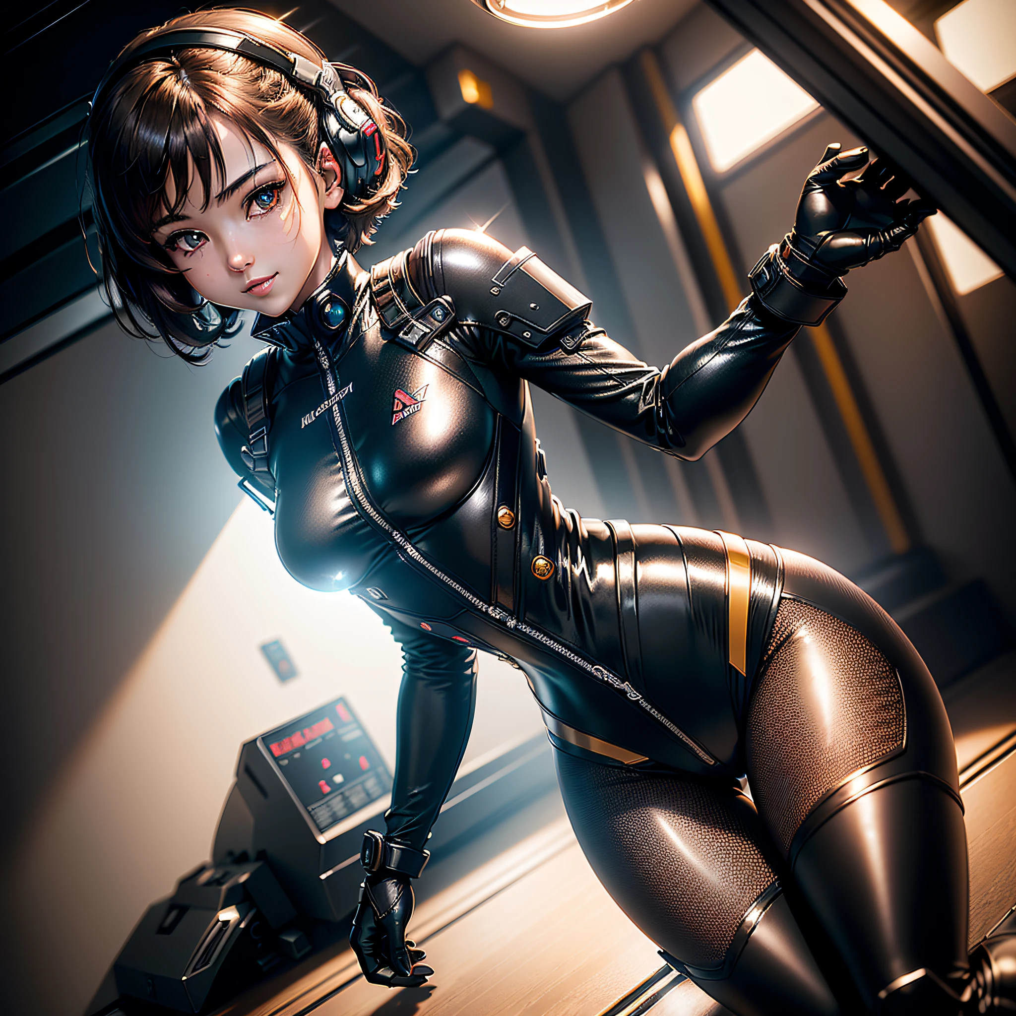(Masterpiece, highest quality, highest resolution, distinct_image, very elaborate CG, cinematic lighting, ray tracing, drop shadows, detailed detail, (photorealism: 1.4), high quality textures, fine-grained, realistic face expression): (Girl alone, face is Japan, girl with brown hair, short hair, small size breasts, Detailed Gundam cockpit with sparkly black colored eyes, eye level shots, metallic black colored flight suit, tight fitting clothes, full-body covering clothes, light smile, beauty, slim body, exoskeleton, heroine, headset, long boots, gloves, solo ride)