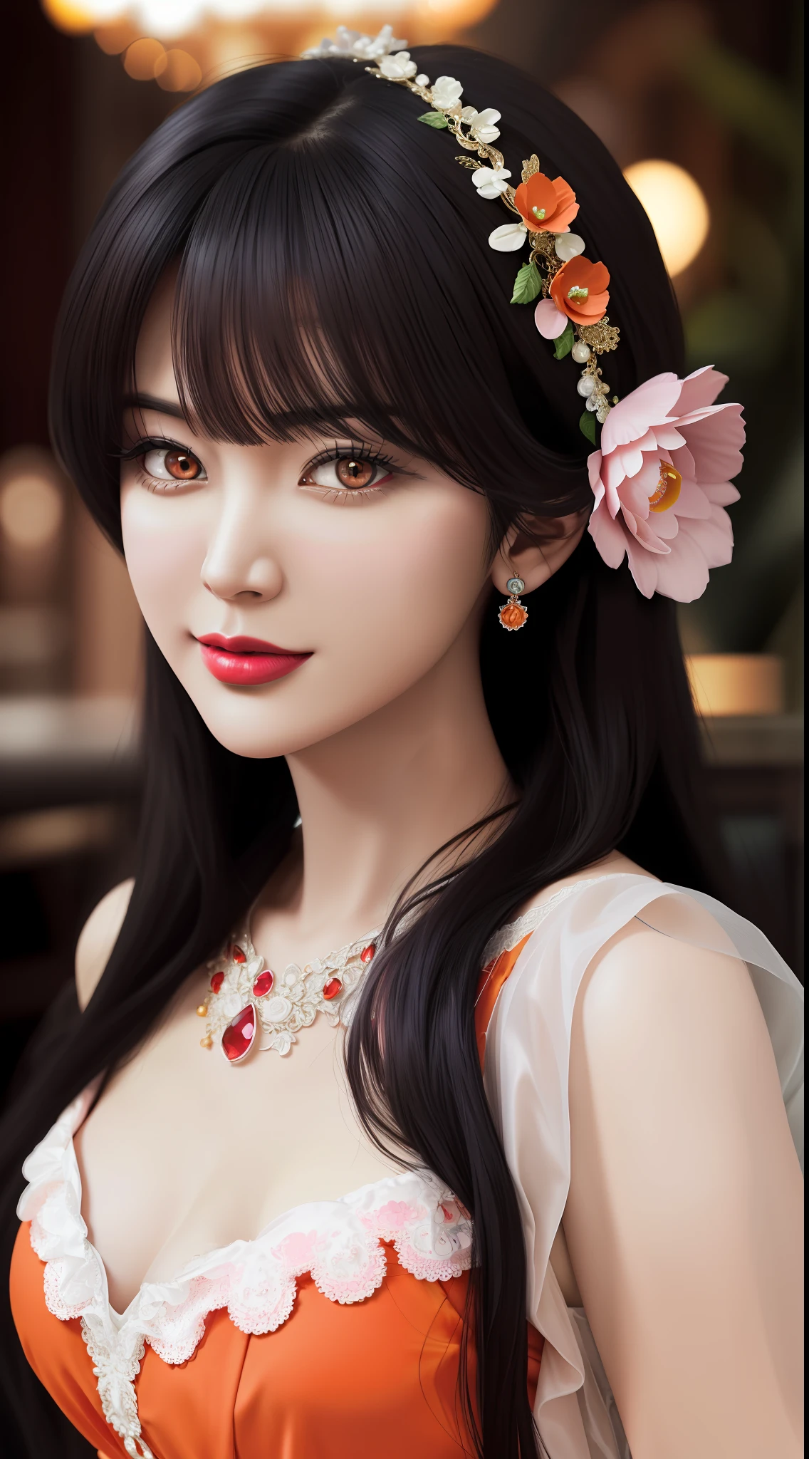 1 beautiful mature girl, looking at viewer, upper body, realistic,real girl, gentle girl, Girly, smooth pink and white skin, Front bangs, large breasts and round, excessively frilled princess dress, draped clothes, flawless face, jewelry, high nose, ornament, flower, lace trim, beautiful big and round orange eyes, sharp eyebrows, very sharp and detailed peacock eyelashes and makeup,orange red lipstick, Smile without opening your lips, long silky black hair and jewelry clips, masterpiece, best quality, 8k, detailed skin texture, detailed cloth texture, beautiful detailed face, intricate details, ultra detailed, rim lighting, side lighting, cinematic light, ultra high res, 8k uhd, film grain,best shadow, delicate, RAW photo, detailed and clear images, extremely sharp images,