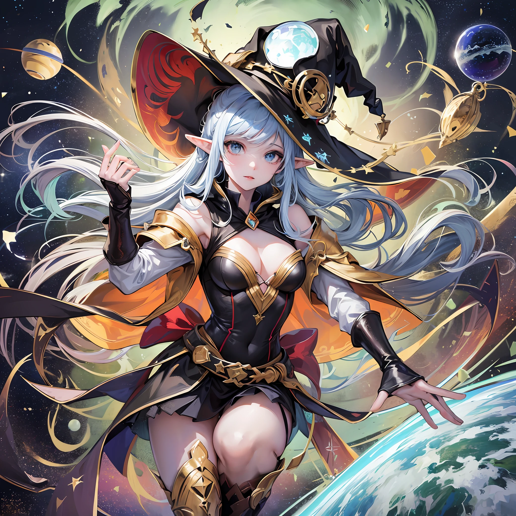 best quality, highres, 1girl, elf, witch hat, floating in space, energy sphere, light particles, shiny hair, shining stars, fantasy, --auto --s2