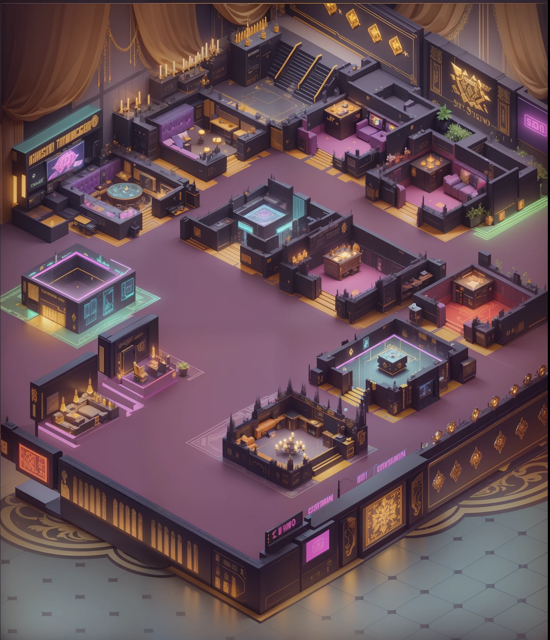 Isometric game art, detailed game art, detailed game art illustration, isometric 8K, game graphics, isometric 3D rendering, (luxurious casino interior scene: 1.5), black and gold, some floral decoration and a little cyberpunk element (less than 10%), neon lights, crystal chandeliers, mood lights, led screen, video game screenshots