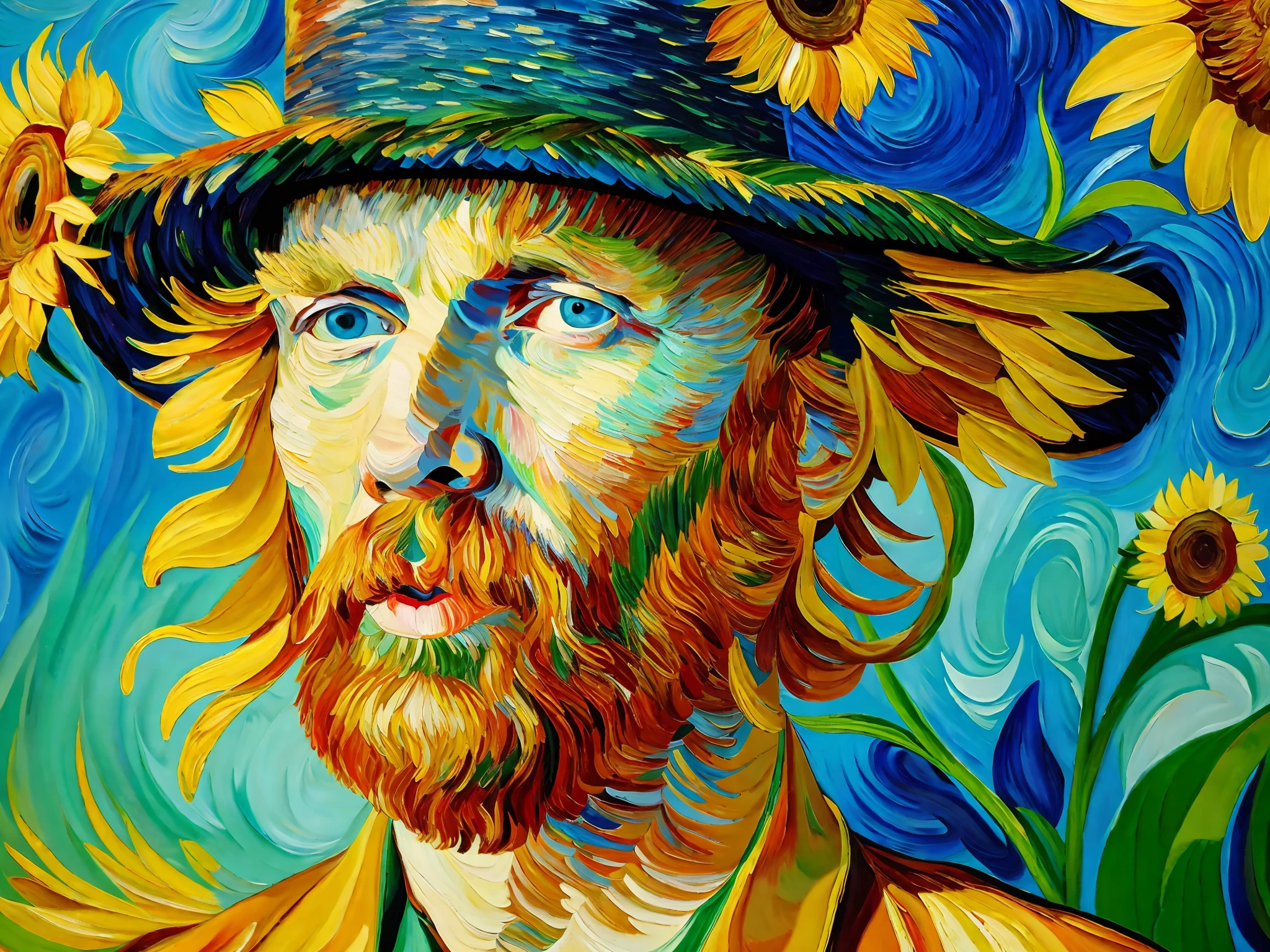 oil painting, Van Gogh, colorful, abstract, abstract background, masterpiece, best quality, ultra detailed wallpaper, 20-year-old bo, wearing a straw hat, star, surreal dreamscape, sunflower,