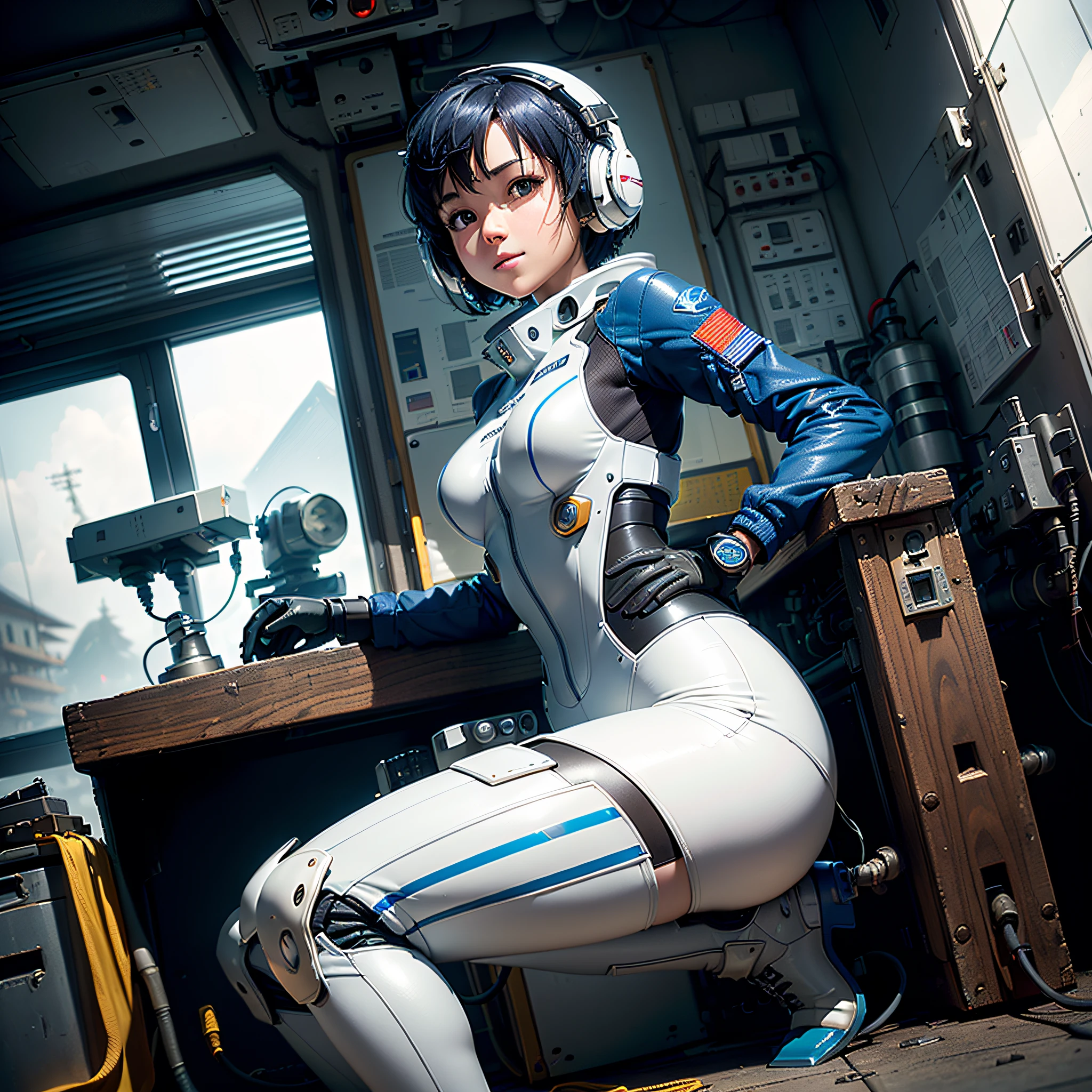 (masterpiece, highest quality, highest resolution, distinct_image, very elaborate CG, cinematic lighting, ray tracing, drop shadows, detailed detail, (photorealistic: 1.4), high quality textures, fine-grained, realistic face expression): (lone girl, face is Japan, short blue hair, small size breasts, sparkling eyes, Eye level shots, white and blue color flight suits, tight fit clothes, full-body covering clothes, light smile, beauty, slim body, exoskeleton, heroine, headset, long boots, gloves, riding and piloting a robot that leans forward, control panel, tools, safety devices, radar displays, touch panels, various indicators, levers, computer keyboard, mouse, Warning light, fuel gauge, pressure gauge, control tower outside the window, large lever, foot access pedal, brake pedal, chunky manual, )