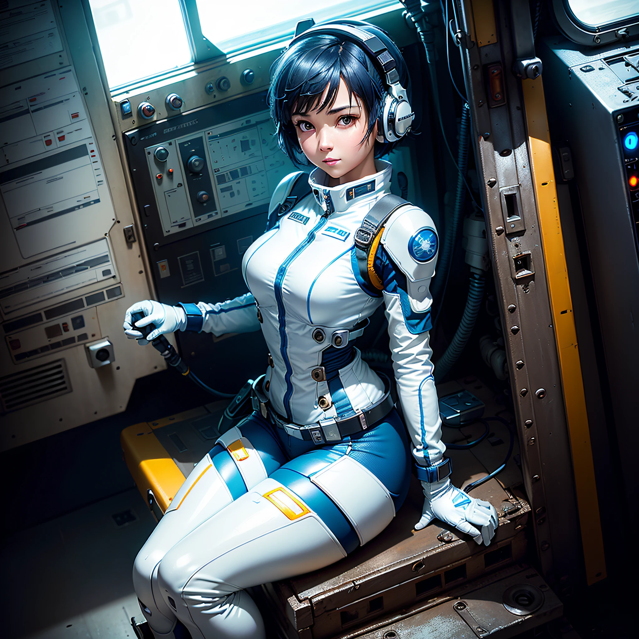 (masterpiece, highest quality, highest resolution, distinct_image, very elaborate CG, cinematic lighting, ray tracing, drop shadows, detailed detail, (photorealistic: 1.4), high quality textures, fine-grained, realistic face expression): (lone girl, face is Japan, short blue hair, small size breasts, sparkling eyes, Eye level shots, white and blue color flight suits, tight fit clothes, full-body covering clothes, light smile, beauty, slim body, exoskeleton, heroine, headset, long boots, gloves, riding and piloting a robot that leans forward, control panel, tools, safety devices, radar displays, touch panels, various indicators, levers, computer keyboard, mouse, Warning light, fuel gauge, pressure gauge, control tower outside the window, large lever, foot access pedal, brake pedal, chunky manual, )