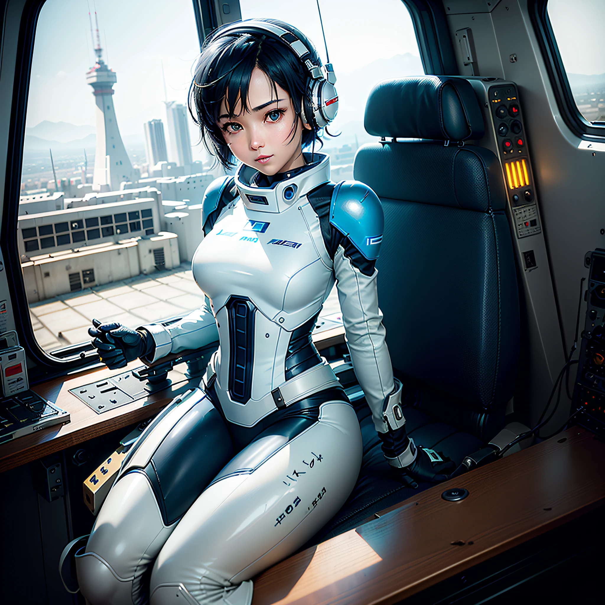 (masterpiece, highest quality, highest resolution, distinct_image, very elaborate CG, cinematic lighting, ray tracing, drop shadows, detailed detail, (photorealistic: 1.4), high quality textures, fine-grained, realistic face expression): (lone girl, face is Japan, short blue hair, small size breasts, sparkling eyes, Eye level shots, white and blue color flight suits, tight fit clothes, full-body covering clothes, light smile, beauty, slim body, exoskeleton, heroine, headset, long boots, gloves, riding and piloting a robot that leans forward, control panel, tools, safety devices, radar displays, touch panels, various indicators, levers, computer keyboard, mouse, Warning light, fuel gauge, pressure gauge, control tower outside the window, large lever, foot access pedal, brake pedal, chunky manual, )
