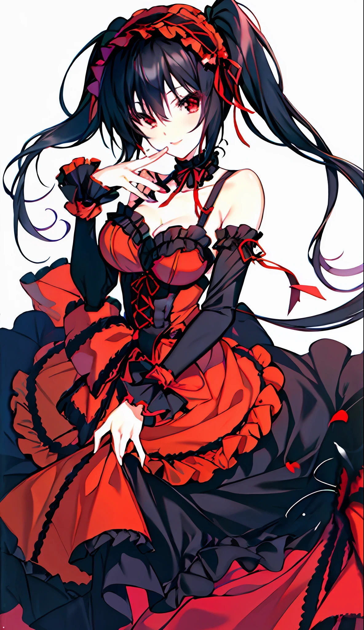 18 Year Old Beautiful Girl, Masterpiece, Top Quality, 8K Anime, 1 Girl, Solo, Detailed Fingers, Precise Fingers, Non-Unnatural Hands, Odd Eye, Red Eyes, Cleavage, Black Hair Twin Tails, Kurumi Tokizaki