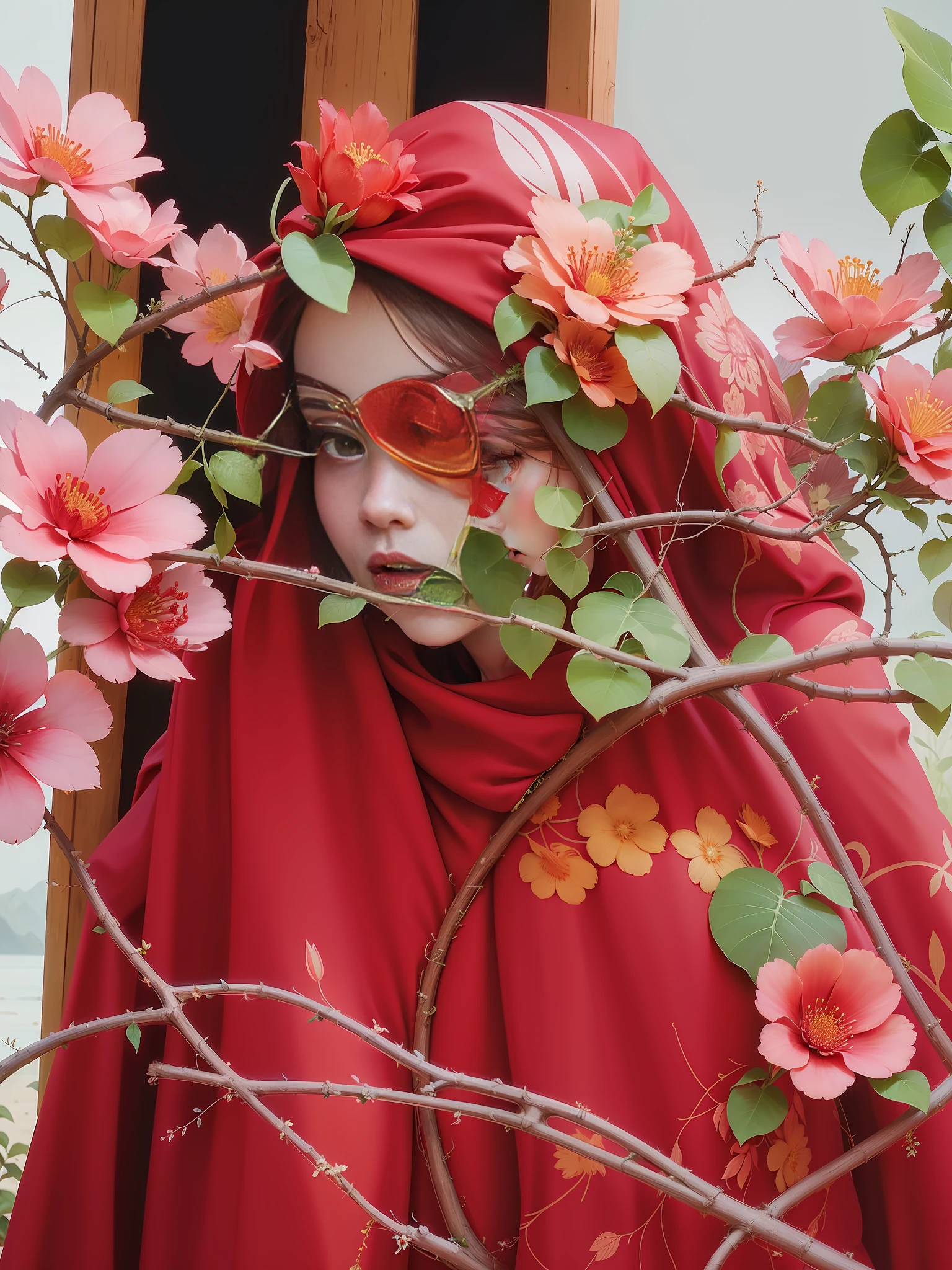 there is a woman in a red dress and a red hat, branches sprouting from her head, amidst nature, covered in plants, covered with flowers, amidst of nature fully covered, dressed in a beautiful red cloak, flowers covering eyes, shot on iphone 1 3 pro max, shot on iphone 1 3 pro, woman in flowers, with flowers, glimpse of red