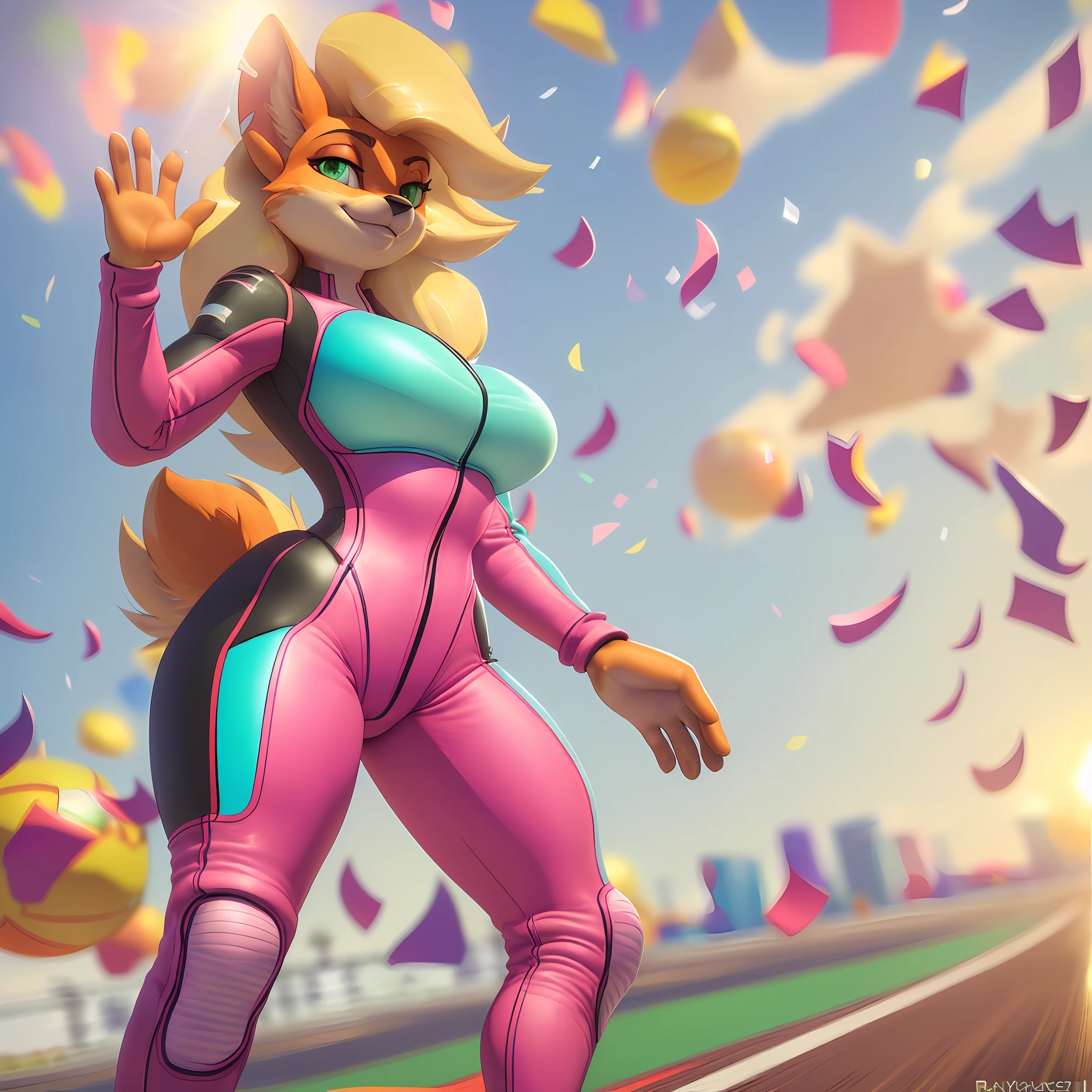 [originaltawna], [Uploaded to e621.net; (Pixelsketcher), (wamudraws)], ((masterpiece)), ((solo portrait)), ((1girl)), ((raw photo)), ((furry; anthro)), ((detailed fur)), ((raytracing)), ((detailed shading)), ((beautiful 3D art)), ((full body)),  {anthro; (orange fur, black nose, pointed ears), beautiful green eyes, blonde hair, long curly hair, happy smile, ((pink sporty racing suit; teal lining, full body suit), large boobs, camel toe), red sneakers}, ((standing; [RIGHT hand on hip], [waving with LEFT hand]) attractive pose), [background; race track; (confetti, sun rays, pitstop, tires)]
