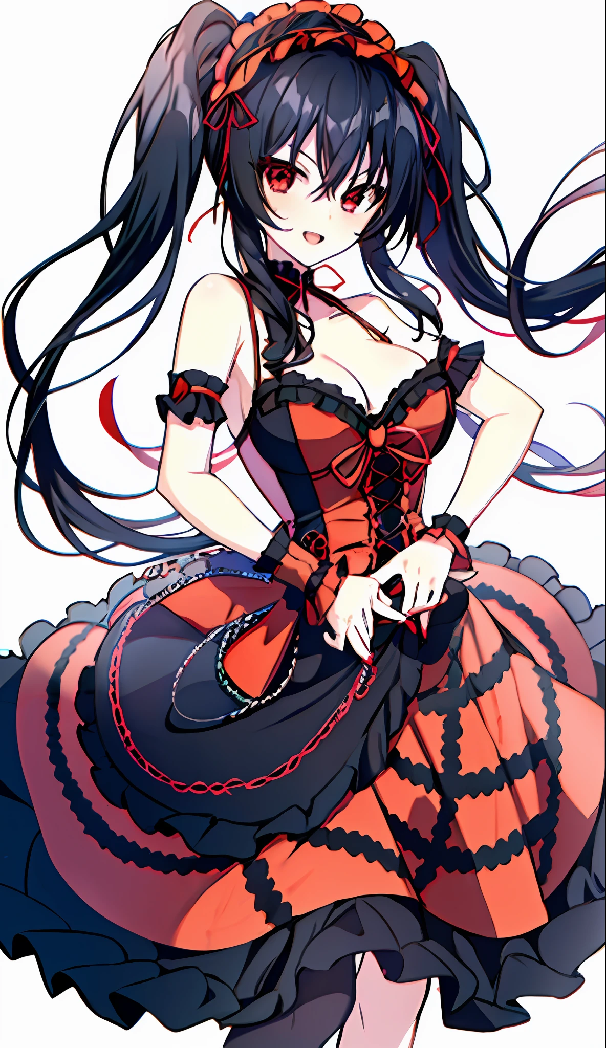 18 Year Old Beautiful Girl, Masterpiece, Top Quality, 8K Anime, 1 Girl, Solo, Detailed Fingers, Precise Fingers, Non-Unnatural Hands, Odd Eye, Red Eyes, Cleavage, Black Hair Twin Tails, Kurumi Tokizaki