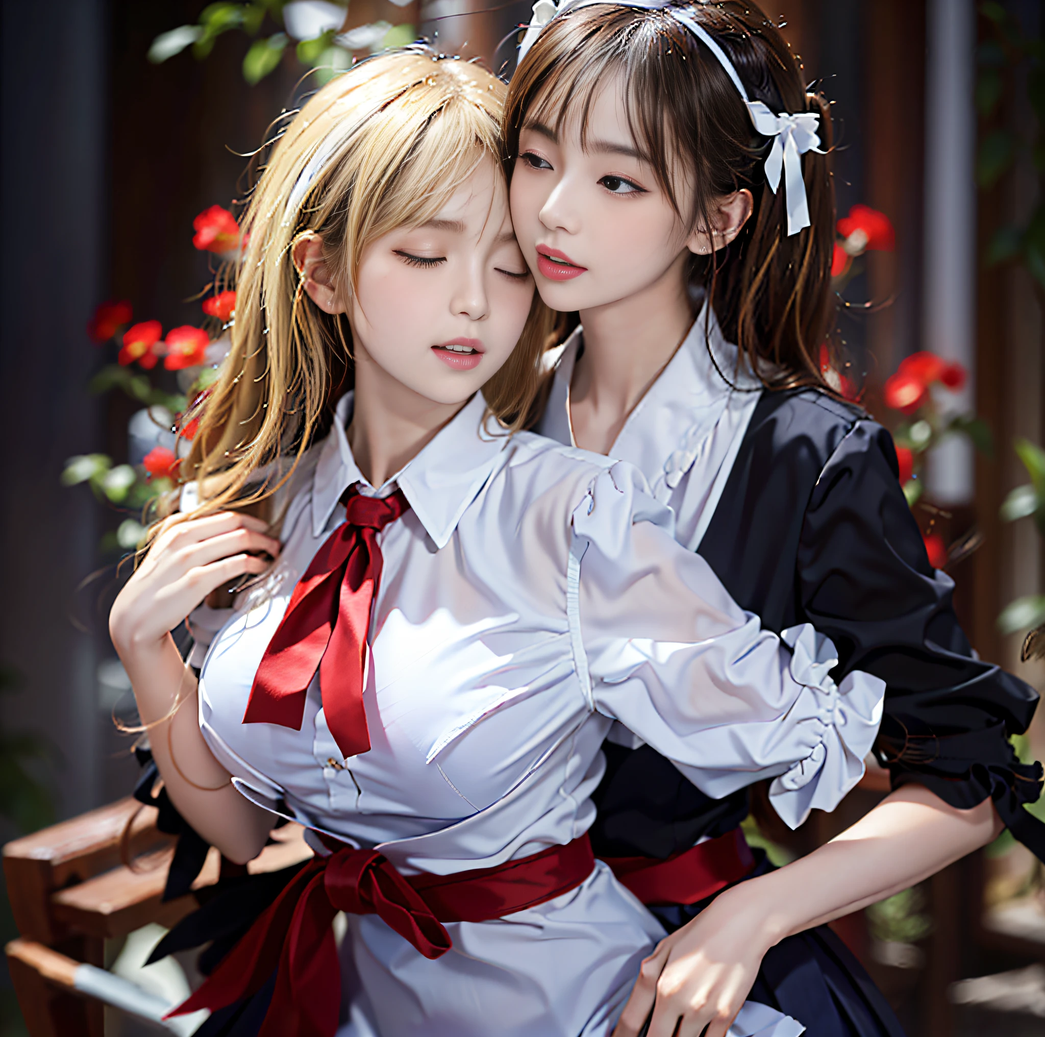 (Best Quality), (Masterpiece), (Raw Photo), Master, Very Beautiful, High Definition CG, 8k Wallpaper, Amazingly Fine Detail, Official Art, Huge File Size, High Definition, Darkness, Atmosphere, Mystic, Romanticism, Spooky, Literature, Art, Fashion, Elegant, (Perfect Anatomical Depiction of the Human Body))), (Two Girls in Their 10s and 20s Kiss in a Flower Garden), ( Kissing from behind), (eyes closed), ((tongue out)), grabbing from behind,
breast grab, (involuntarily grabbing breasts), (involuntarily closing eyes), (involuntarily sticking out tongue), (two people of different races), qincai, one has blond blue eyes and partially braided long hair, (blonde blue-eyed person hugs and kisses from behind),
One is a twin-tailed brunette Japan with beautiful whitening skin, (Japan person is hugged from behind and turns around to kiss), (very huge), (super big), (thin waist), (big buttocks), (thin thighs), (skin turns white), baby face, (neat white blouse of smooth thin fabric with ribbon tie)), (blouse chest is very cramped), (braless) , (dark areola), (blouse crushes large breasts and spreads to the sides),
((Ultra Micro Mini Pleated Skirt)), (Skirt length short enough to show buttocks), (White panties), (No skin exposed on upper body), (Neat clothing with all buttons fastened), (Shot from below), (frame-in from the knee up), Soft sunshine garden, (Flowers in bloom), (backlit photography), Ribbon tie, Accessories piercing only,