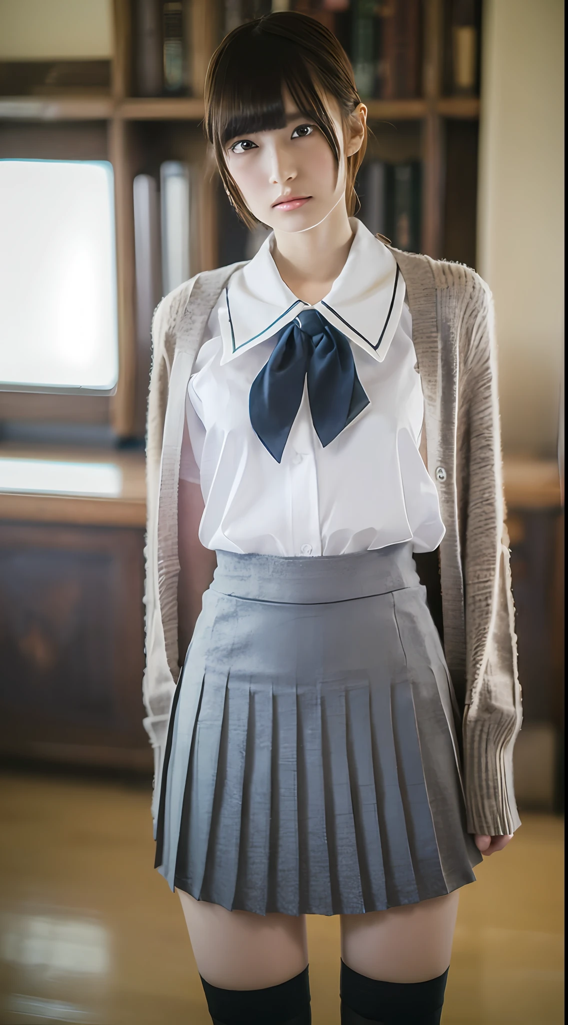 ((Top Quality, 8k, Masterpiece: 1.3)), 1 girl, Beauty with slender abs: 1.3, (Medium Short Hair, Big: 1.2), Cardigan: 1.1, Ultra Detailed Face, Detailed Eyes, Double Eyelids, Black Pleated Skirt, Uniform, Navel, Classroom, Thin Legs, Knee High Socks