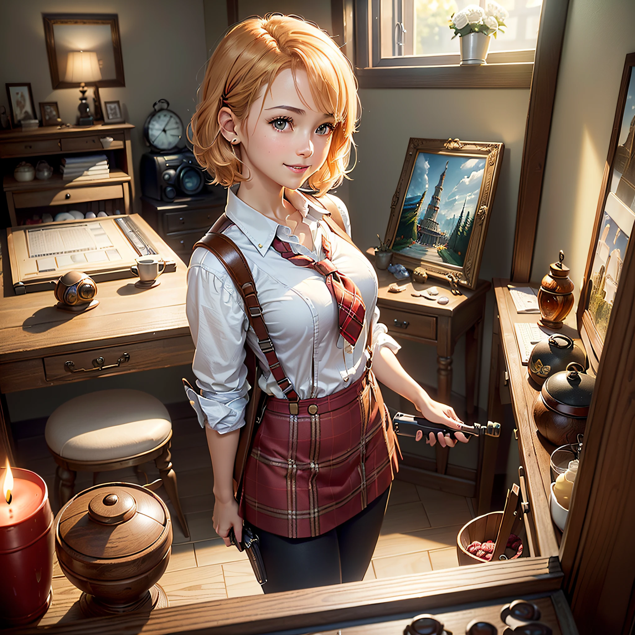 (masterpiece, highest quality, highest resolution, distinct_image, very elaborate CG, cinematic lighting, ray tracing, drop shadows, detailed detail, (photorealistic: 1.4), high quality textures, fine-grained, realistic face expression): (Girl alone, face is Japan, short golden hair, red ribbon on the right hair, small size breasts, sparkly eyes, eye level shots, happy smile, beauty, slim body, holiday, own room, console games, computer, display, keyboard, mouse, red color uniform, white shirt with collar, plaid vest, handgun holder, carrying leather bag on back, long boots, antique radio, coffee, model train, bookshelf, Wooden chairs, pots, fans, paintings, stuffed animals, ties, notebooks, stationery, vases, photo frames, letters, fountain pens, calendars, lamps, cushions, baskets, mirrors in profile, candles, newspapers, sweets, park view outside the window, telephone, fruit, telescope)