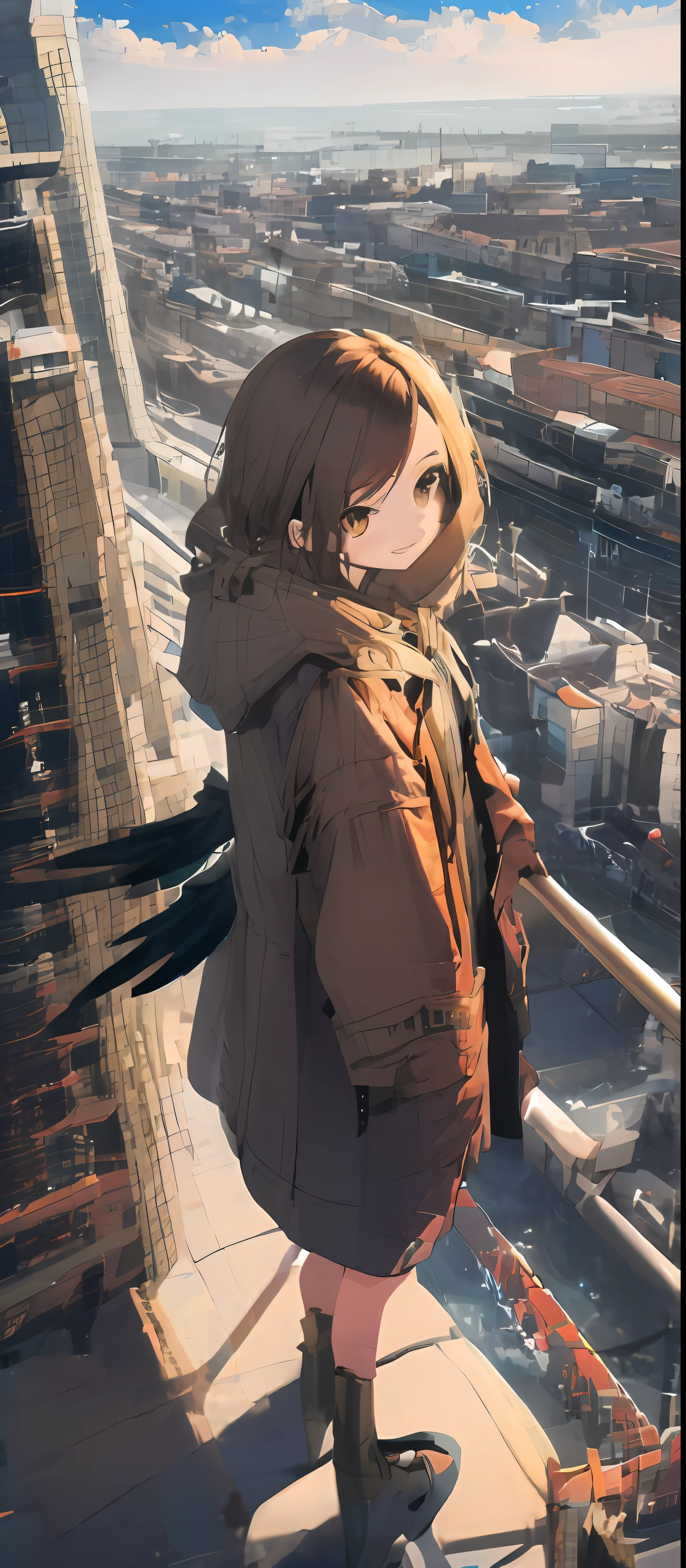 (masterpiece, best quality),from above , 1girl, solo, (feathered wings:1.2), billboard, brown eyes, brown hair, building, city, cloudy sky, coat, boots, crane \(machine\), dutch angle, from side, light frown, looking at viewer, outdoors, rooftop, sky, skyscraper