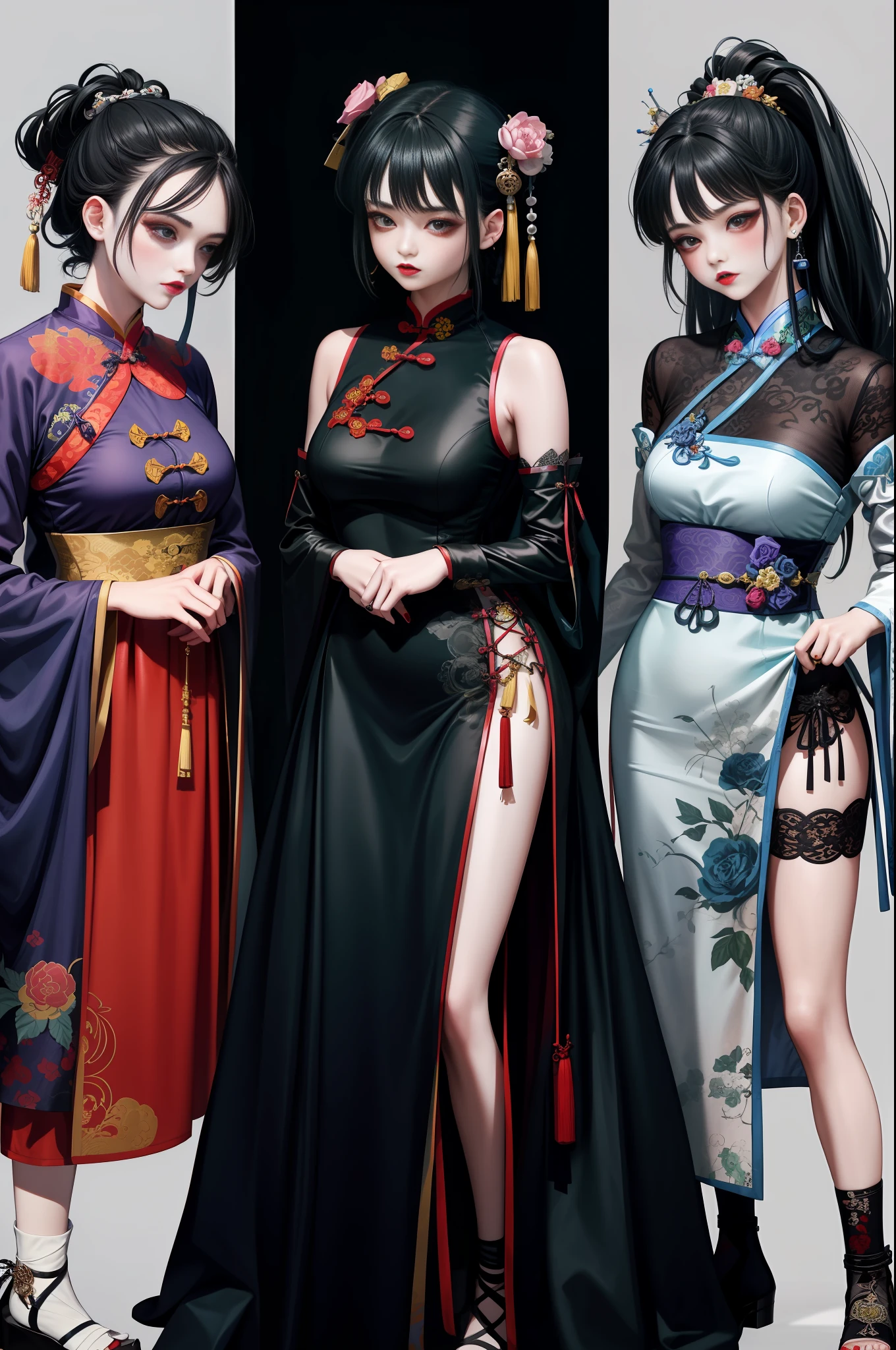 Close-up of three women in different costumes on white background, grunge style, grunge aesthetics, !!!, grunge aesthetics!!! (, sexy gloomy style, grunge aesthetics, grunge fashion, teen grunge punk rock, Y2K style, y 2 k style, punk style, this set style, gothic style, retro aesthetic, 90s style, retro look, standing, cheongsam, zombie, Qing dynasty, Hanfu