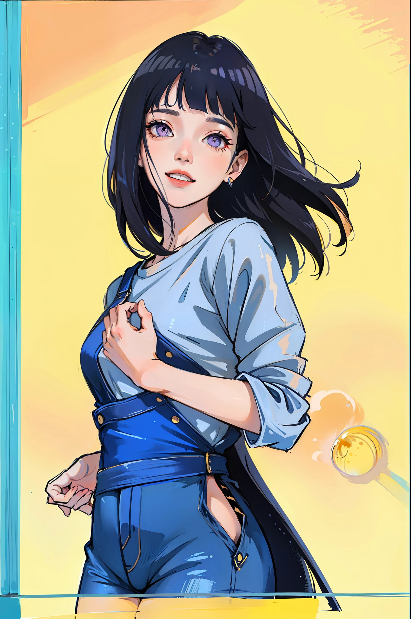 (Portraits:1.4), (masterpiece:1.2, best quality:1.2), from front, all body, full body
1girl, Look at viewer, face and body focus, extremely detailed character, extremely detailed clothes, good-looking, make up, standing, (((overall jeans))), white shirt inner, earrings, (((blunt bangs))), ((long hair)), hinata/(boruto/), big purple eyes, smile