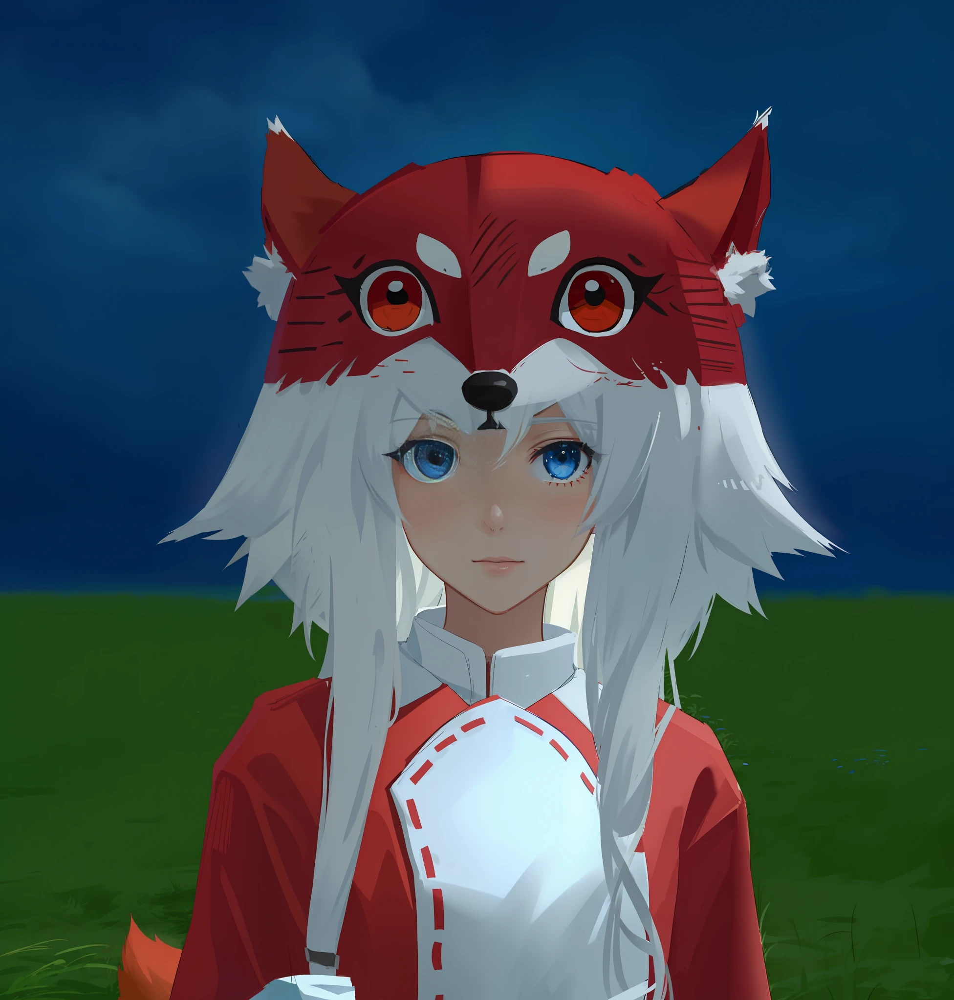 A closeup of a person wearing a fox mask and a red jacket, with kitsune mask, kitsune mask on the head, nobushi fox, foxgirl, kitsune, girl with fox ears, wearing a kitsune mask, a beautiful fox lady, a beautiful kitsune woman, holo is a wolf girl, female fox, kitsune mask, fox ears, dark blue eye