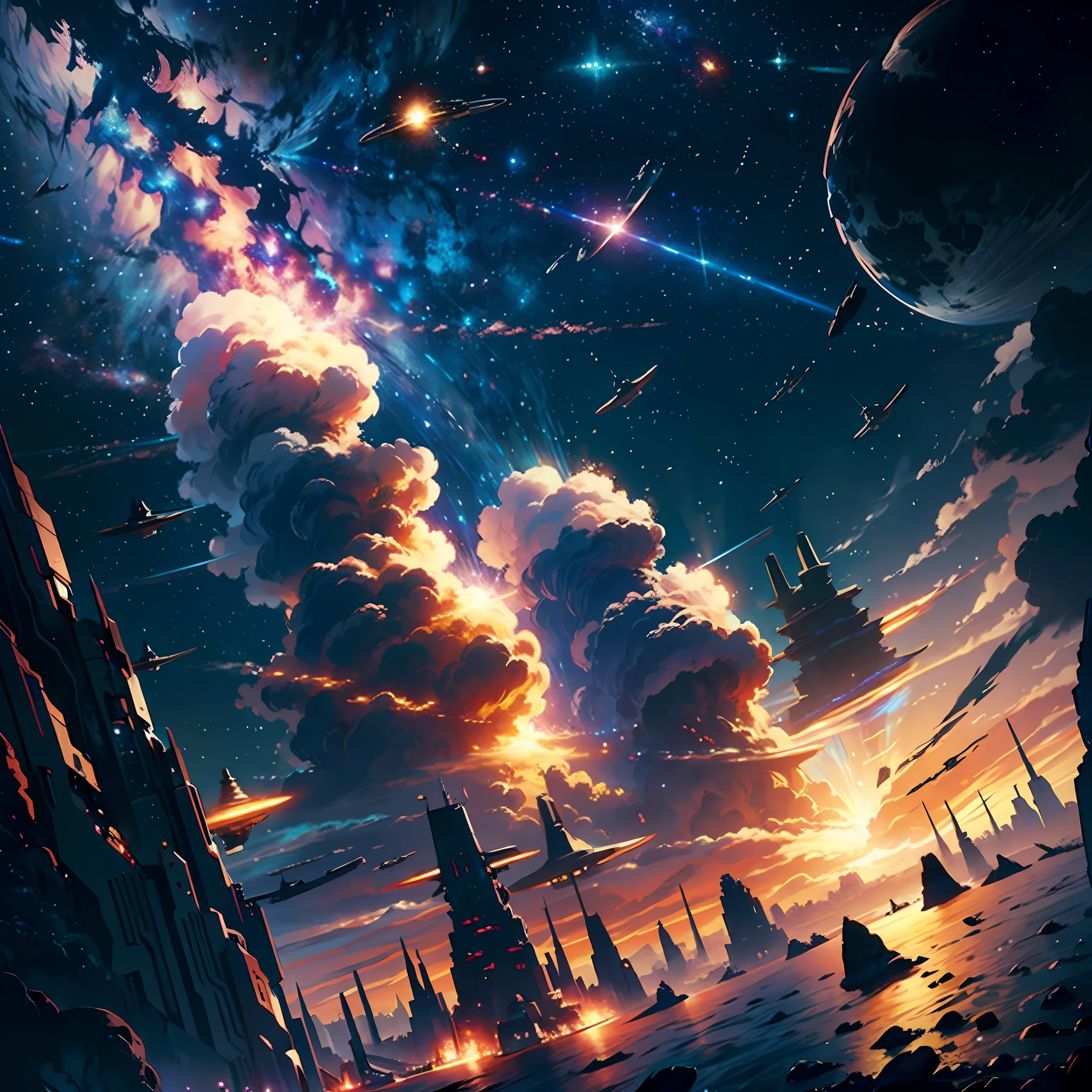 a galactic scene with human starships, bases, and large megastructures scattered across a star system