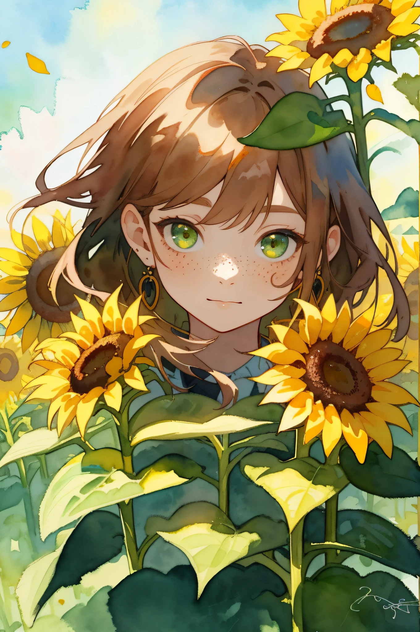 masterpiece, best quality, HDR, perspective, best quality, sharp focus, (watercolor:1.2),1 girl, solo, flower, sunflower,freckles, portrait, leaf, bangs, signature, yellow flowers, brown hair, long hair, green eyes, hair between eyes, flower earrings