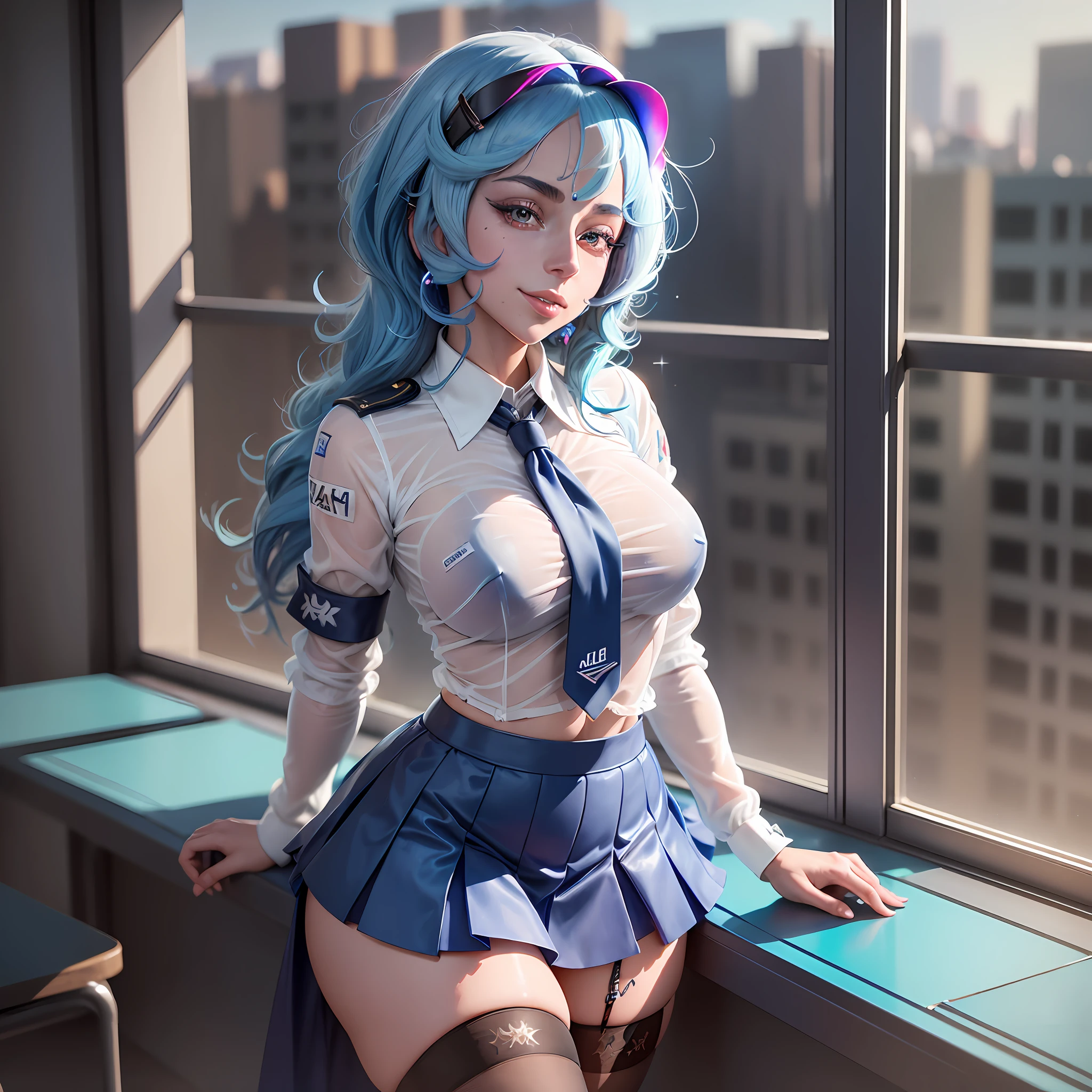 AGMM, 1girl, (Lady Gaga, blue hair, Colored_Skin:1.2), wearing wet see-through school uniform, large breasts, reveal, covered, skirt, thighhighs. inside building, classroom, sunbeams, bokeh, sparkles, evening, smile, sexy smile,