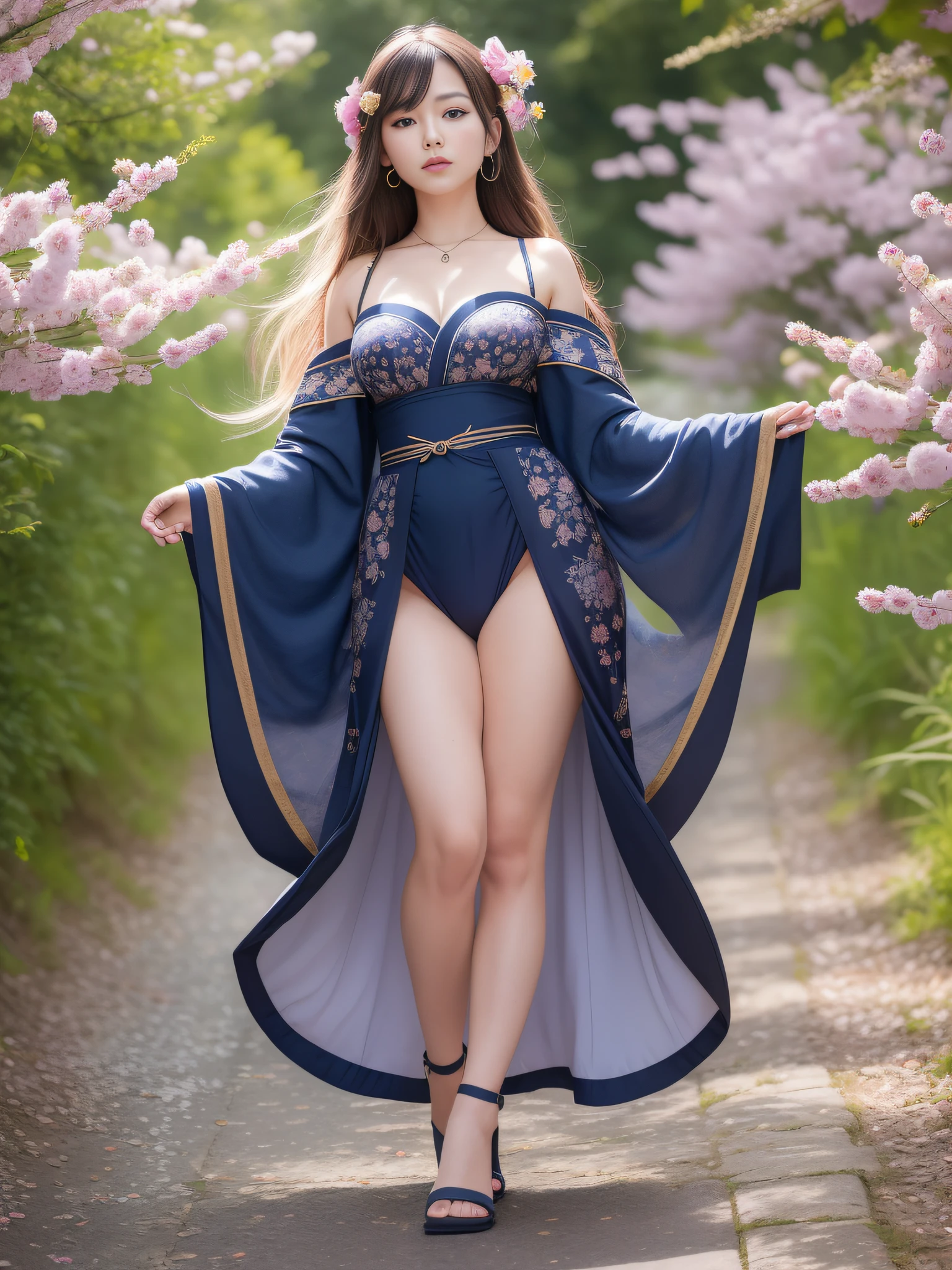 full body,full shot,sfw,russian goddess princess girl in the image of a geisha with big bright blue eyes and long fluffy eyelashes Nordic type with a perfect graceful figure and very long and fluffy wavy hair of bright wheat colour stands in full growth on the alley against the background of blooming Japanese pink sakura in Japanese kimono colour bright navy blue and Japanese shoes gane colour bright navy blue, Girl's lace kimono with intricate patterns with frank cutouts ultra short frankly sexy, Small breasts with protruding are viewable through the fabric and in the girl's ears are beautiful long delicate ear-rings with precious sapphires that shimmer and sparkle in the light The ground on which the girl stands is lavishly strewn with cherry petals, the scene is highly artistic, high resolution, sharp focus, artistic style Migjorni-V5, hyperphotorealism, perfect proportions, golden ratio photo, flare, outline, sunlight, soft glow, soft focus, photography style soft focus through a Monocle lens.