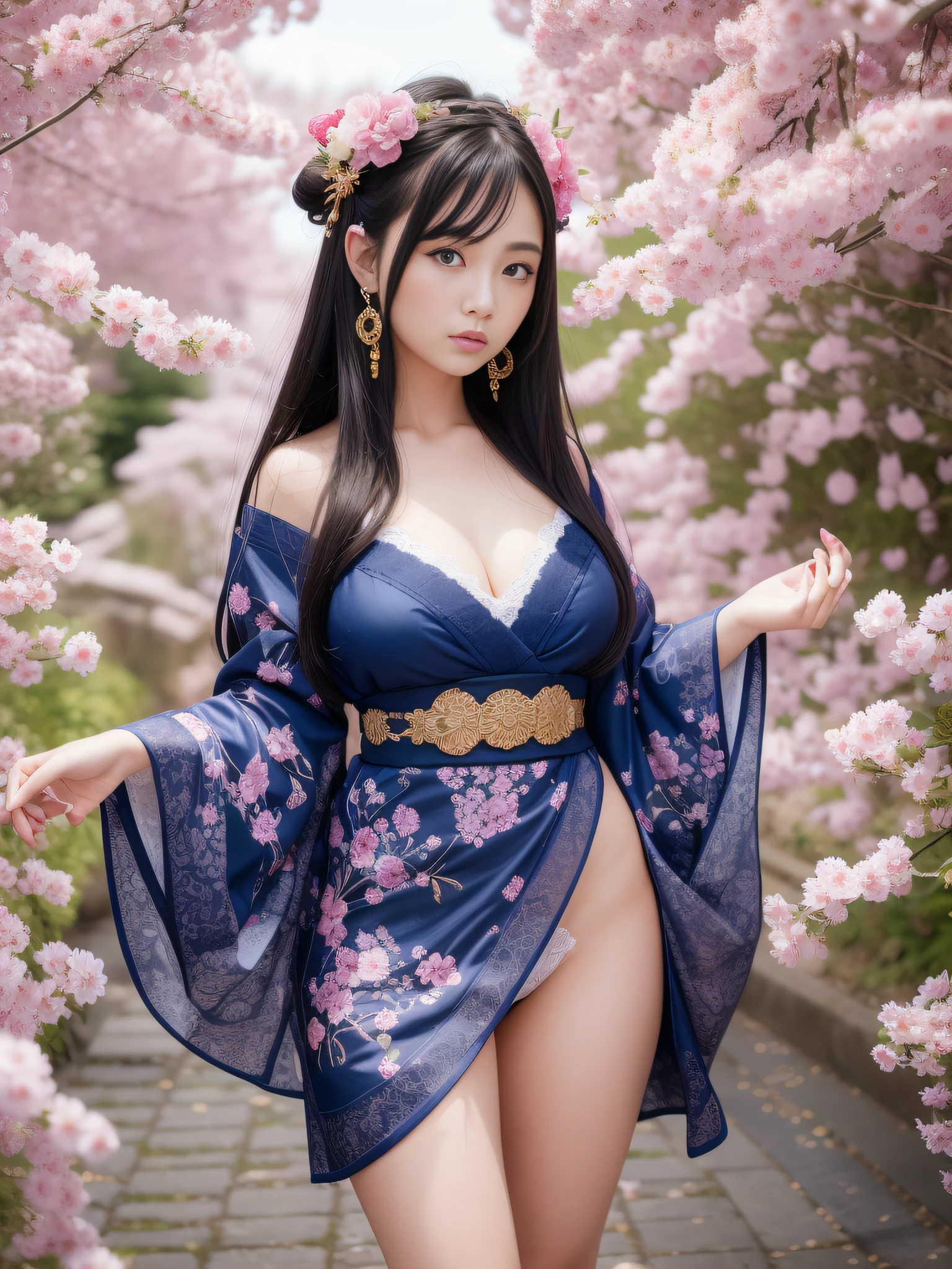 full body,full shot,sfw,russian goddess princess girl in the image of a geisha with big bright blue eyes and long fluffy eyelashes Nordic type with a perfect graceful figure and very long and fluffy wavy hair of bright wheat colour stands in full growth on the alley against the background of blooming Japanese pink sakura in Japanese kimono colour bright navy blue and Japanese shoes gane colour bright navy blue, Girl's lace kimono with intricate patterns with frank cutouts ultra short frankly sexy, Small breasts with protruding are viewable through the fabric and in the girl's ears are beautiful long delicate ear-rings with precious sapphires that shimmer and sparkle in the light The ground on which the girl stands is lavishly strewn with cherry petals, the scene is highly artistic, high resolution, sharp focus, artistic style Migjorni-V5, hyperphotorealism, perfect proportions, golden ratio photo, flare, outline, sunlight, soft glow, soft focus, photography style soft focus through a Monocle lens.