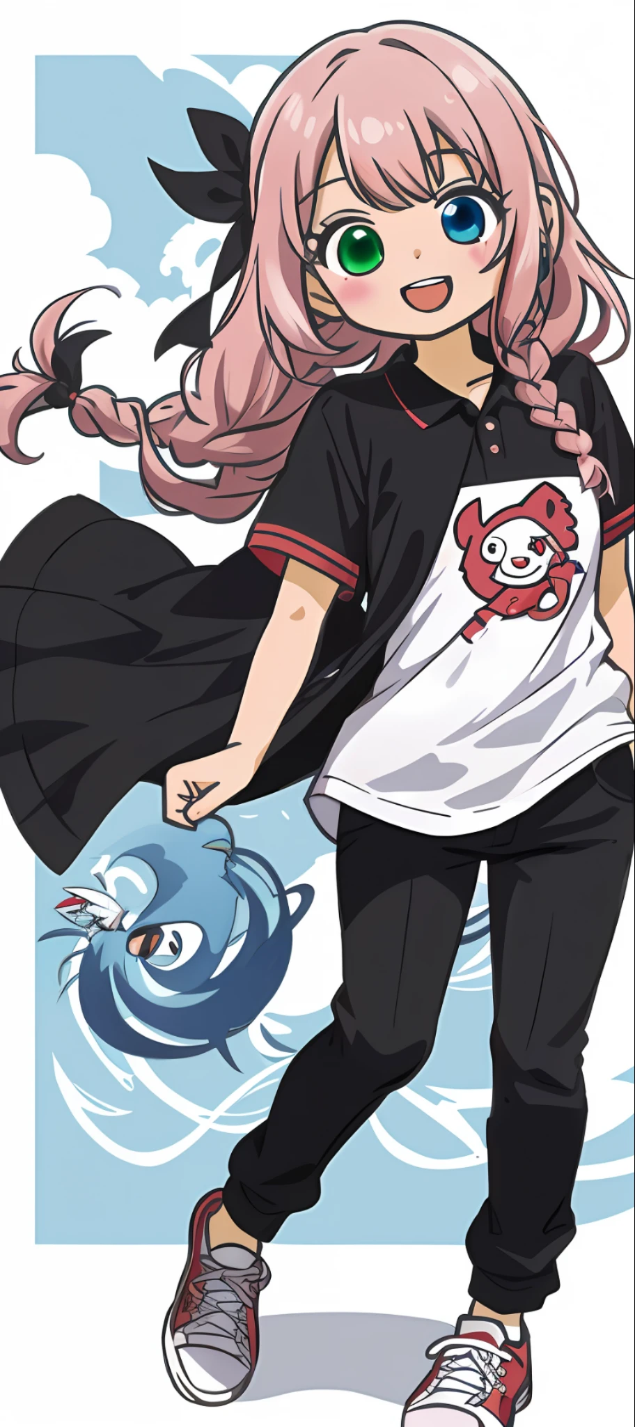 One Beautiful Girl, (Heterochromia, Blue and Green Eyes: 1.8), Shining Eyes, (Illustration: 1.1), (Chibi: 0.5), (Masterpiece, Super Detail, Best Quality, 8K, Kyoto Animation Animation Illustration)), (Caregiver, Cute Girl, Big, Solo, Watch Viewer, Upper Body, Front, Cute Open Mouth, Happy Smile: 1.3), (Loli: 1.2), ( Cute: 1.5), (red short sleeve polo shirt and black tight long pants, long heat tech inner shirt: 1.5), (footwear: sneakers), (pale pink hair, braid, long hair, cute ribbon: 1.1)