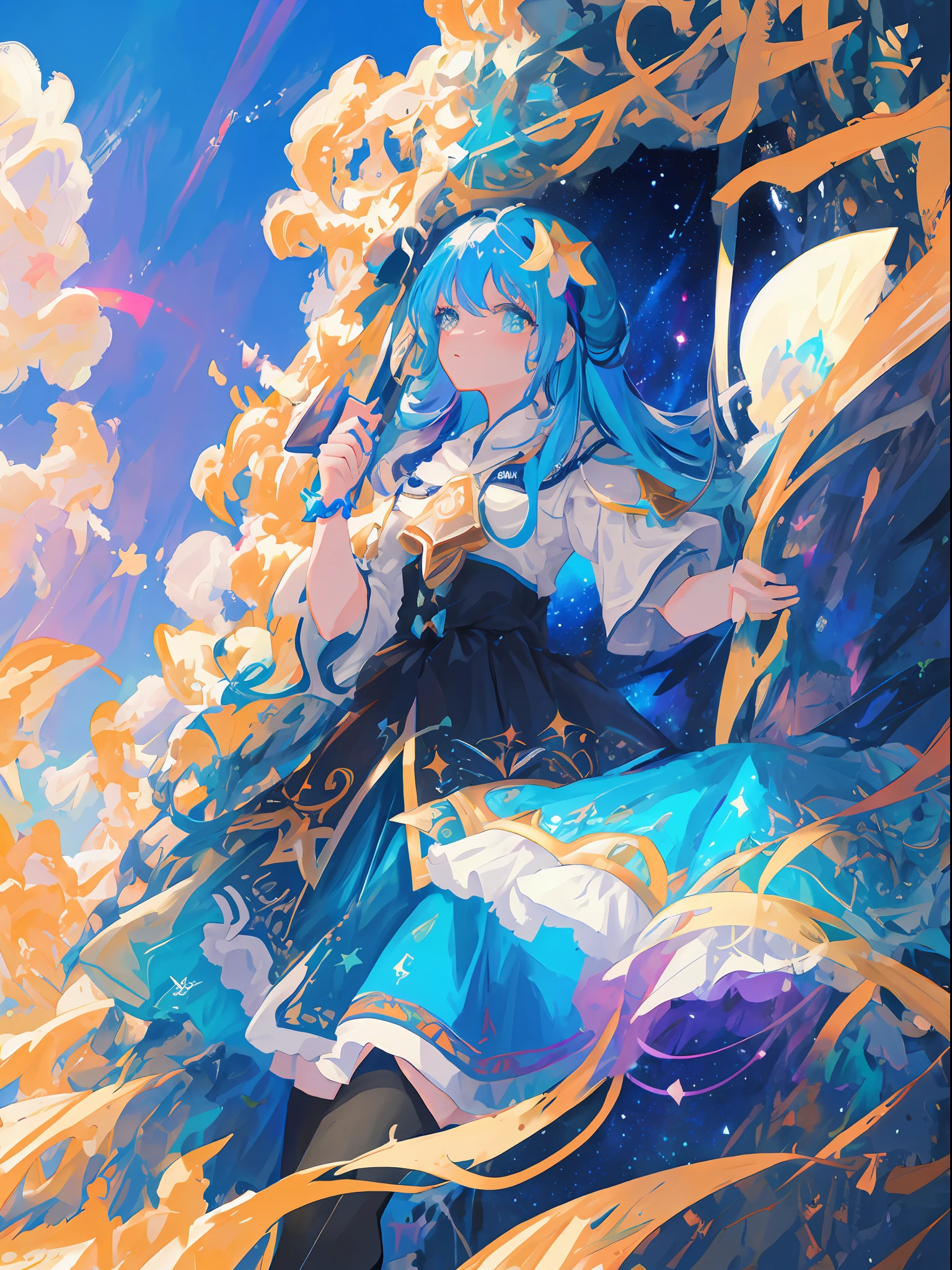 masterpiece, best quality, ultra-detailed, illustration, girls with rainbow colored hair and dresses with blue armor, sky background of cosmic nebula stars