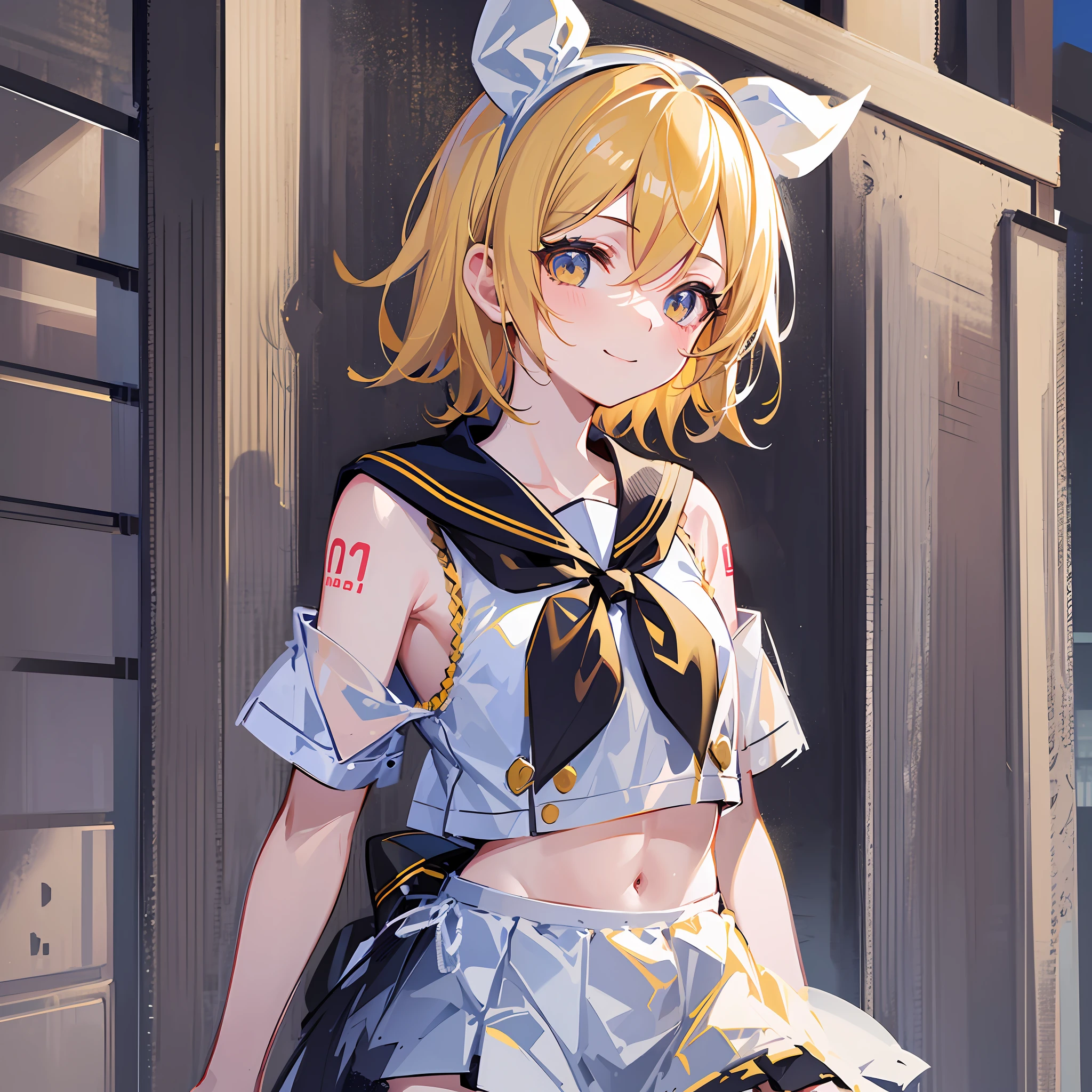 (masterpiece), (best quality), (illustration), (super detailed), (high resolution), absurdity, one girl, (kagamine-rin), (vocaloid), smile, short hair, white hair ribbon, yellow neckerchief, hair clip, shoulder visible, navel glimpsed, sailor suit, black skirt, (blonde), (tattoo of the number 02 on the left arm), very cute girl, Small, young, delicate, touching the back of the head with right hand, outdoors, attention on girl