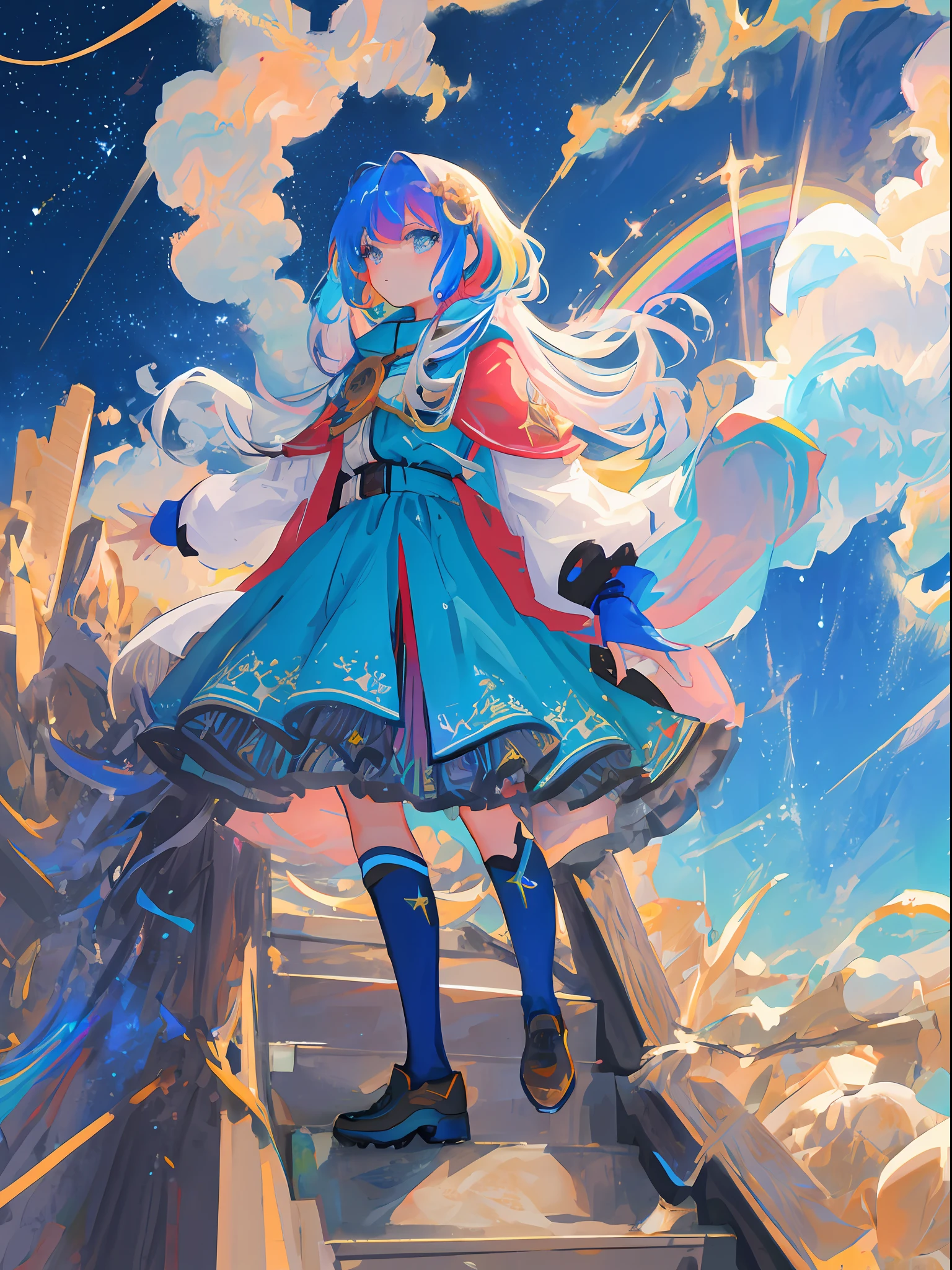 masterpiece, best quality, ultra-detailed, illustration, girls with rainbow colored hair and dresses with blue armor, sky background of cosmic nebula stars