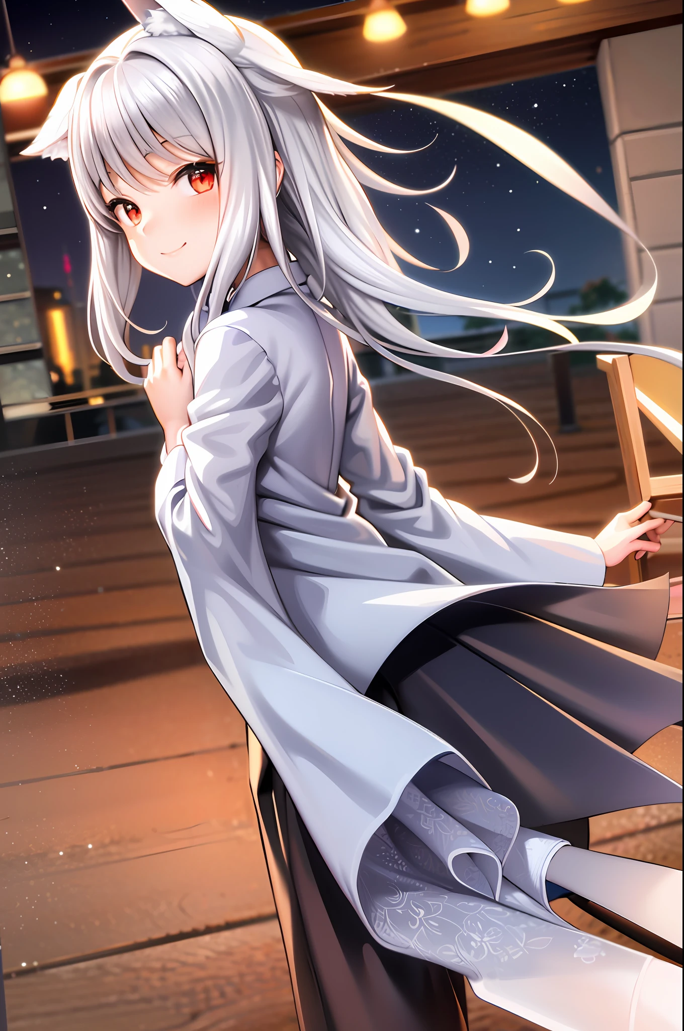 wide waist,masterpiece,best quality,solo,sila school,big, light smile, outdoors, sfw, cute wolf girl, girl, silver hair, big, red eyes, wolf ears, wolf tail,night, from behind, wind, turn around, depth of field,