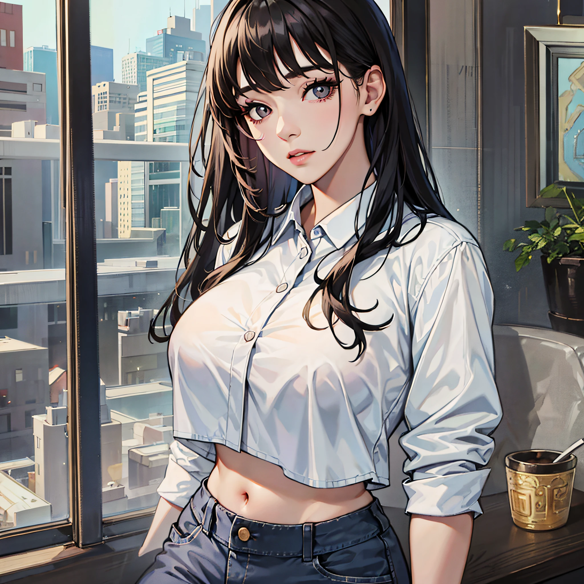 Realistic, high resolution, 1 girl, black hair, Korean, big eyes, white shirt, super shorts, big breasts --auto --s2