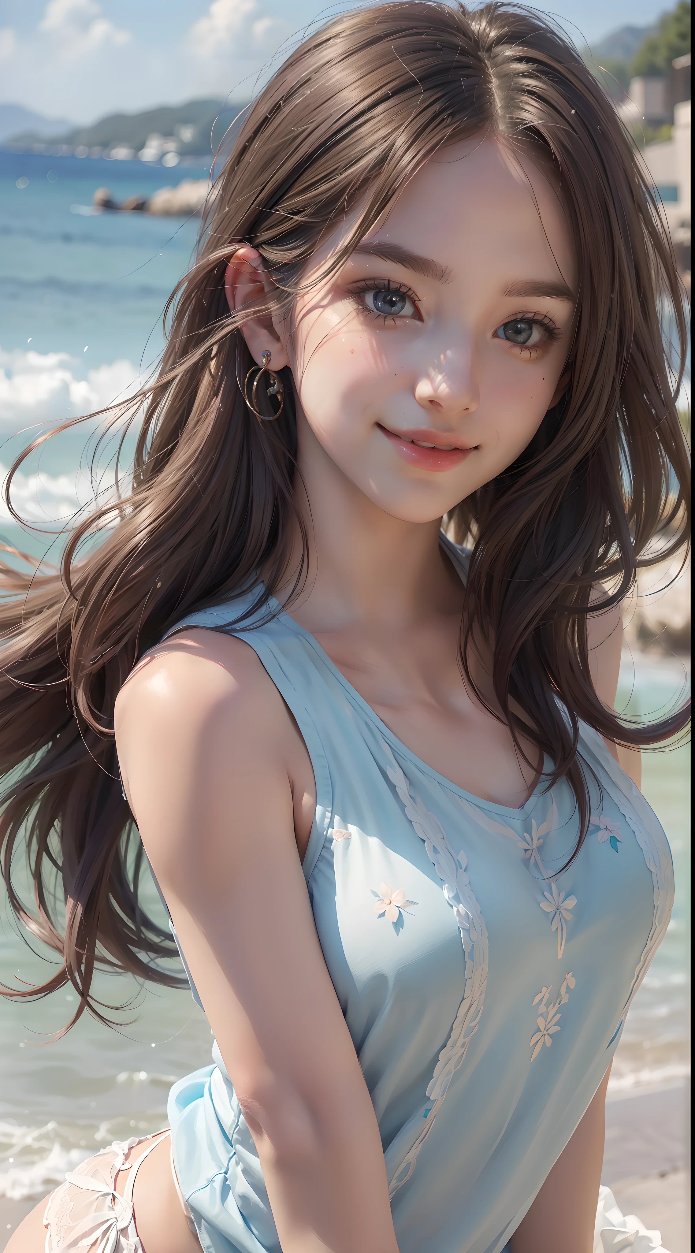 (8k, best quality, masterpiece:1.2), (realistic, photo-realistic:1.37), ultra-detailed, 1 girl,cute, solo,beautiful detailed sky,dating,(nose blush),(smile:1.15),(closed mouth) small breasts,beautiful detailed eyes, (long hair:1.2),floating hair NovaFrogStyle, upper body, tank top