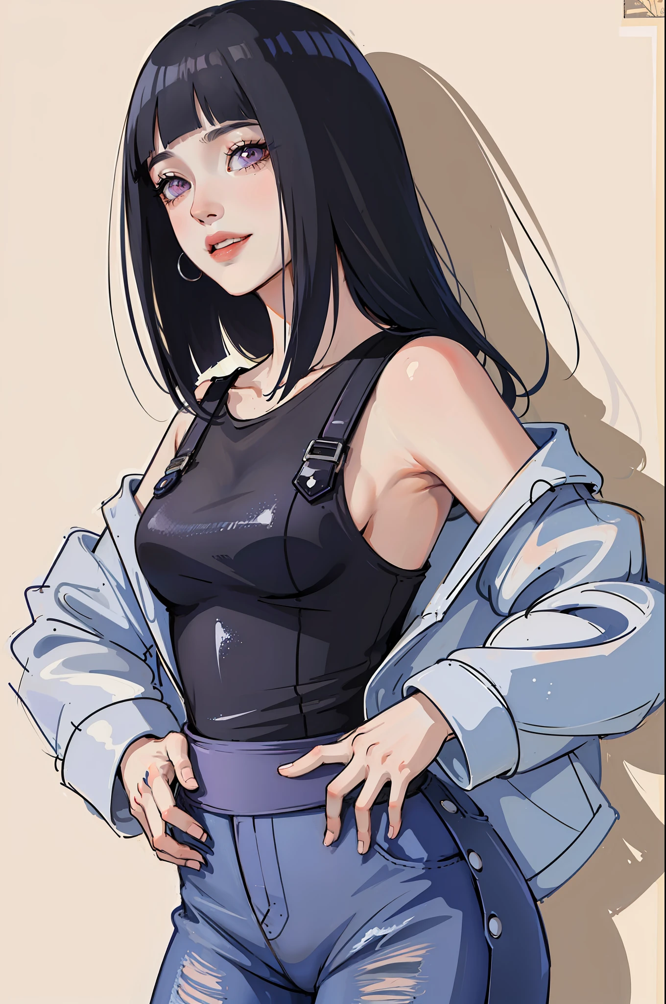 (Portraits:1.4), (masterpiece:1.2, best quality:1.2), from front, all body, full body
1girl, Look at viewer, face and body focus, extremely detailed character, extremely detailed clothes, good-looking, make up, standing, (((overall jeans))), white shirt inner, earrings, (((blunt bangs))), ((long hair)), hinata/(boruto/), big purple eyes, smile