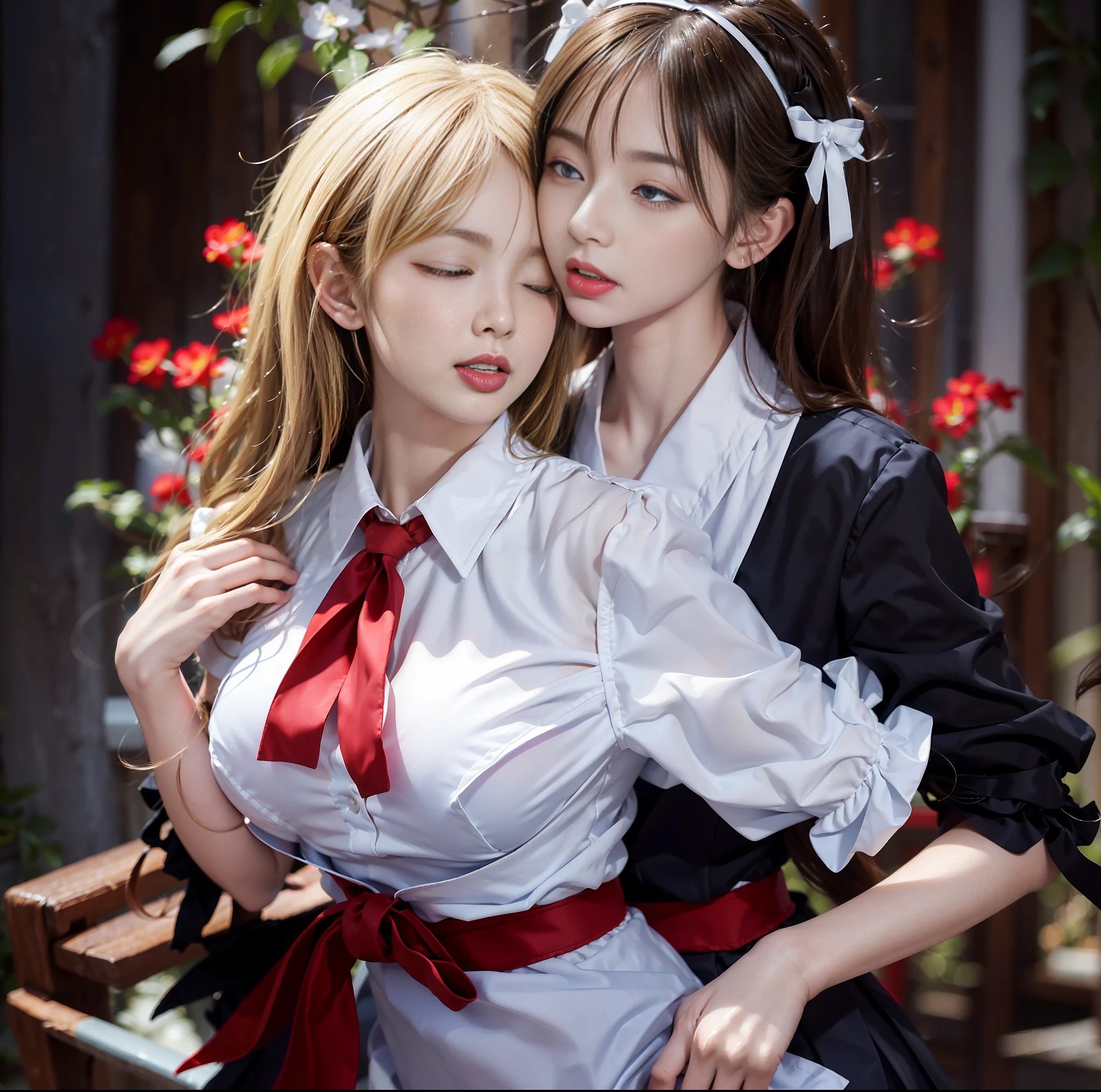 (Best Quality), (Masterpiece), (Raw Photo), Master, Very Beautiful, High Definition CG, 8k Wallpaper, Amazingly Fine Detail, Official Art, Huge File Size, High Definition, Darkness, Atmosphere, Mystic, Romanticism, Spooky, Literature, Art, Fashion, Elegant, (Perfect Anatomical Depiction of the Human Body))), (Two Girls in Their 10s and 20s Kiss in a Flower Garden), ( Kissing from behind), (eyes closed), ((tongue out)), grabbing from behind,
breast grab, (involuntarily grabbing breasts), (involuntarily closing eyes), (involuntarily sticking out tongue), (two people of different races), qincai, one has blond blue eyes and partially braided long hair, (blonde blue-eyed person hugs and kisses from behind),
One is a twin-tailed brunette Japan with beautiful whitening skin, (Japan person is hugged from behind and turns around to kiss), (very huge), (super big), (thin waist), (big buttocks), (thin thighs), (skin turns white), baby face, (neat white blouse of smooth thin fabric with ribbon tie)), (blouse chest is very cramped), (braless) , (dark areola), (blouse crushes large breasts and spreads to the sides),
((Ultra Micro Mini Pleated Skirt)), (Skirt length short enough to show buttocks), (White panties), (No skin exposed on upper body), (Neat clothing with all buttons fastened), (Shot from below), (frame-in from the knee up), Soft sunshine garden, (Flowers in bloom), (backlit photography), Ribbon tie, Accessories piercing only,