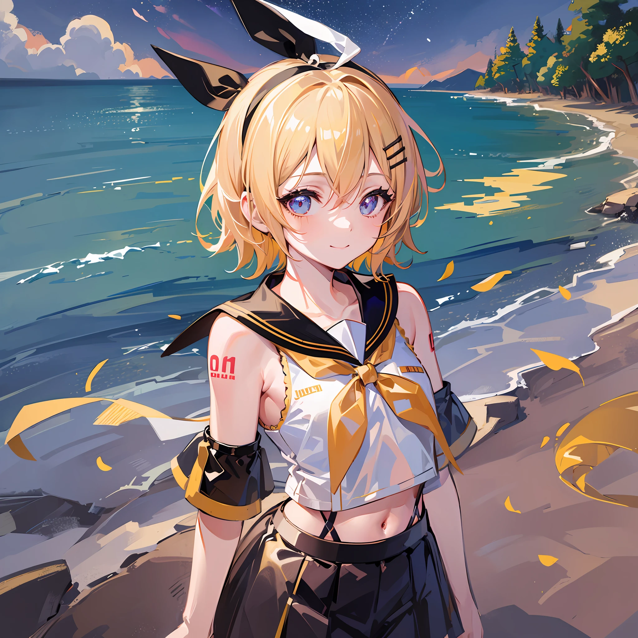 (masterpiece), (best quality), (illustration), (super detailed), (high resolution), absurdity, one girl, (kagamine-rin), (vocaloid), smile, short hair, white hair ribbon, yellow neckerchief, hair clip, shoulder visible, navel glimpsed, sailor suit, black skirt, (blonde), (tattoo of the number 02 on the left arm), very cute girl, Small, young, delicate, touching the back of the head with right hand, outdoors, attention on girl