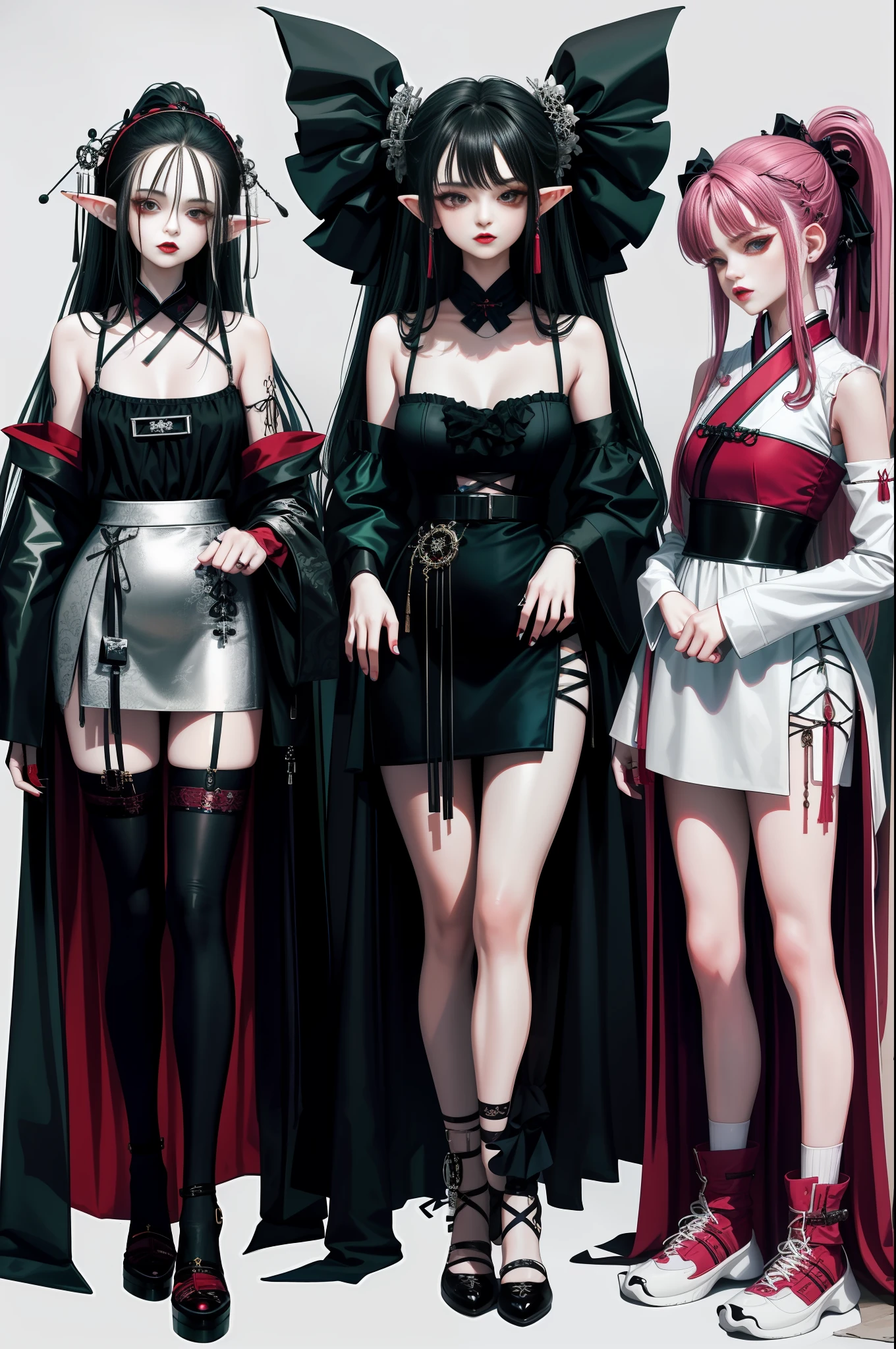 Close-up of three women in different costumes on white background, grunge style, grunge aesthetics, !!!, grunge aesthetics!!! (, sexy gloomy style, grunge aesthetic, grunge fashion, teen grunge punk rock, Y2K style, y 2 k style, punk style, this set style, gothic style, retro aesthetic, 90s style, retro look, standing, Hanfu vampire. , nine-tailed fox, goblin