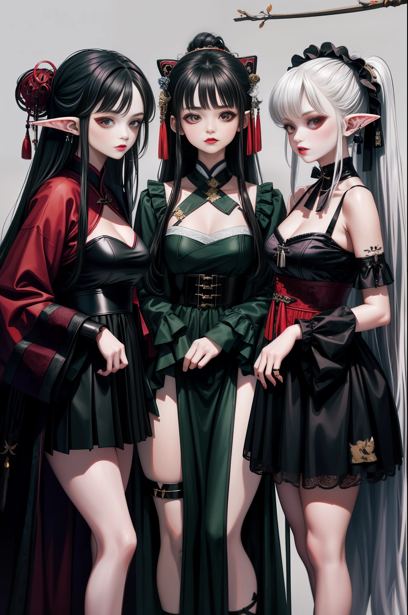 Close-up of three women in different costumes on white background, grunge style, grunge aesthetics, !!!, grunge aesthetics!!! (, sexy gloomy style, grunge aesthetic, grunge fashion, grunge punk rock, Y2K style, y 2 k style, punk style, this set style, gothic style, retro aesthetic, 90s style, retro look, standing, Hanfu vampire. , nine-tailed fox, goblin