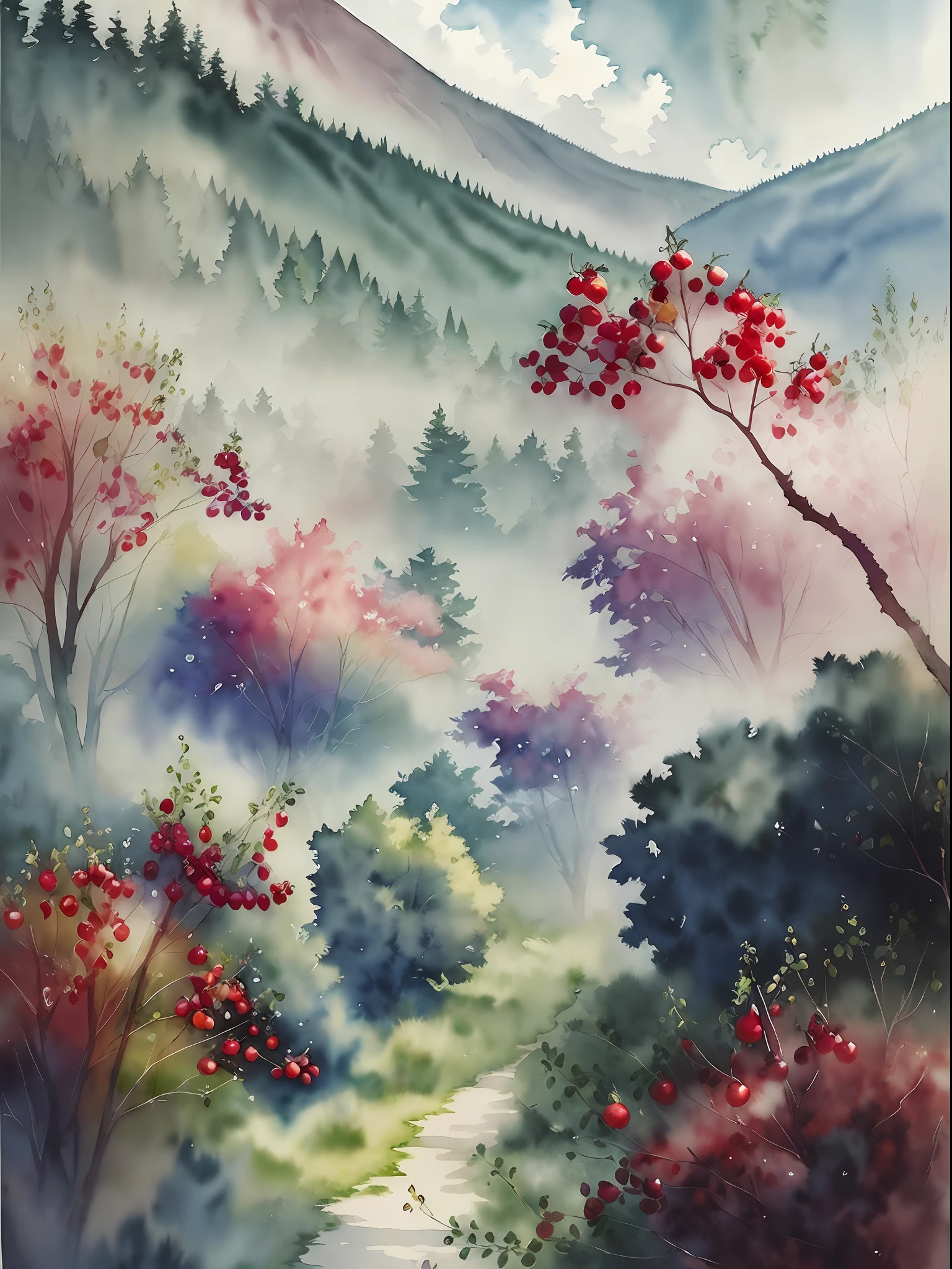 (Watercolor style, spectral art) + Vista (green fruit trees in smoke and rain, red bayberry fruit (realistic)) (rich gorgeous colors in the distance) + (Smudge splashing) + (Clear light and shadow swaying dynamics), from above, wide-angle lens --auto --s2