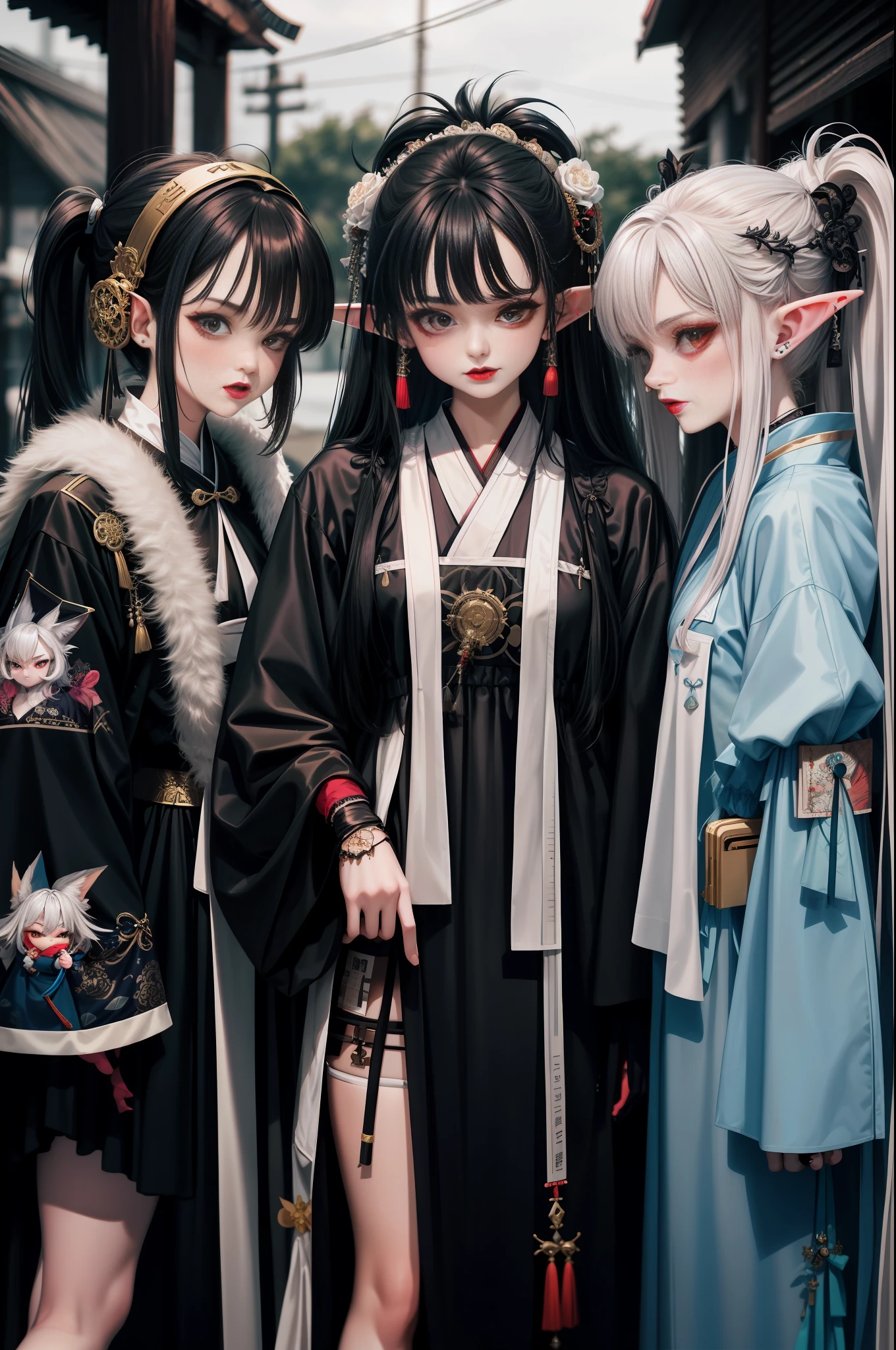 Close-up of three women in different costumes on white background, grunge style, grunge aesthetics, !!!, grunge aesthetics!!! (, sexy gloomy style, grunge aesthetic, grunge fashion, grunge punk rock, Y2K style, y 2 k style, punk style, this set style, gothic style, retro aesthetic, 90s style, retro look, standing, Hanfu vampire. , nine-tailed fox, goblin
