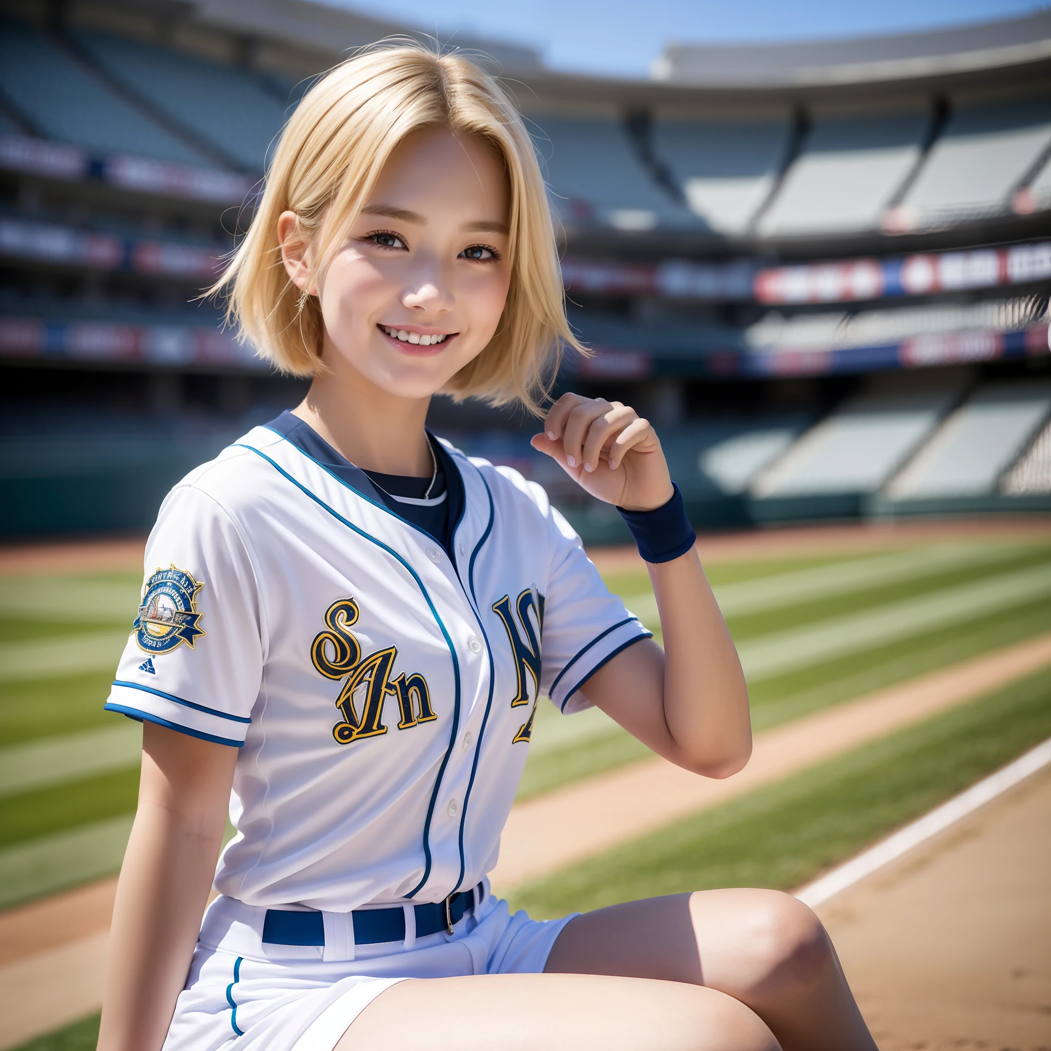 72masterpiece, best quality, (realistic, photo-realistic:1.4), (RAW photo:1.2), extremely detailed CG unity 8k wallpaper, an ex tremely delicate and beautiful, amazing, finely detail, official art, absurdres, incredibly absurdres, huge filesize, ultra-detailed, extremely detailed,beautiful detailed girl, extremely detailed eyes and face, beautiful detailed eyes, light on face,1 girl(12 yo), beautiful face, Baseball girl, baseball stadium, baseball uniform, happy smile, blonde hair, short hair, above-knee photo,anglo-sacson, white girl,
