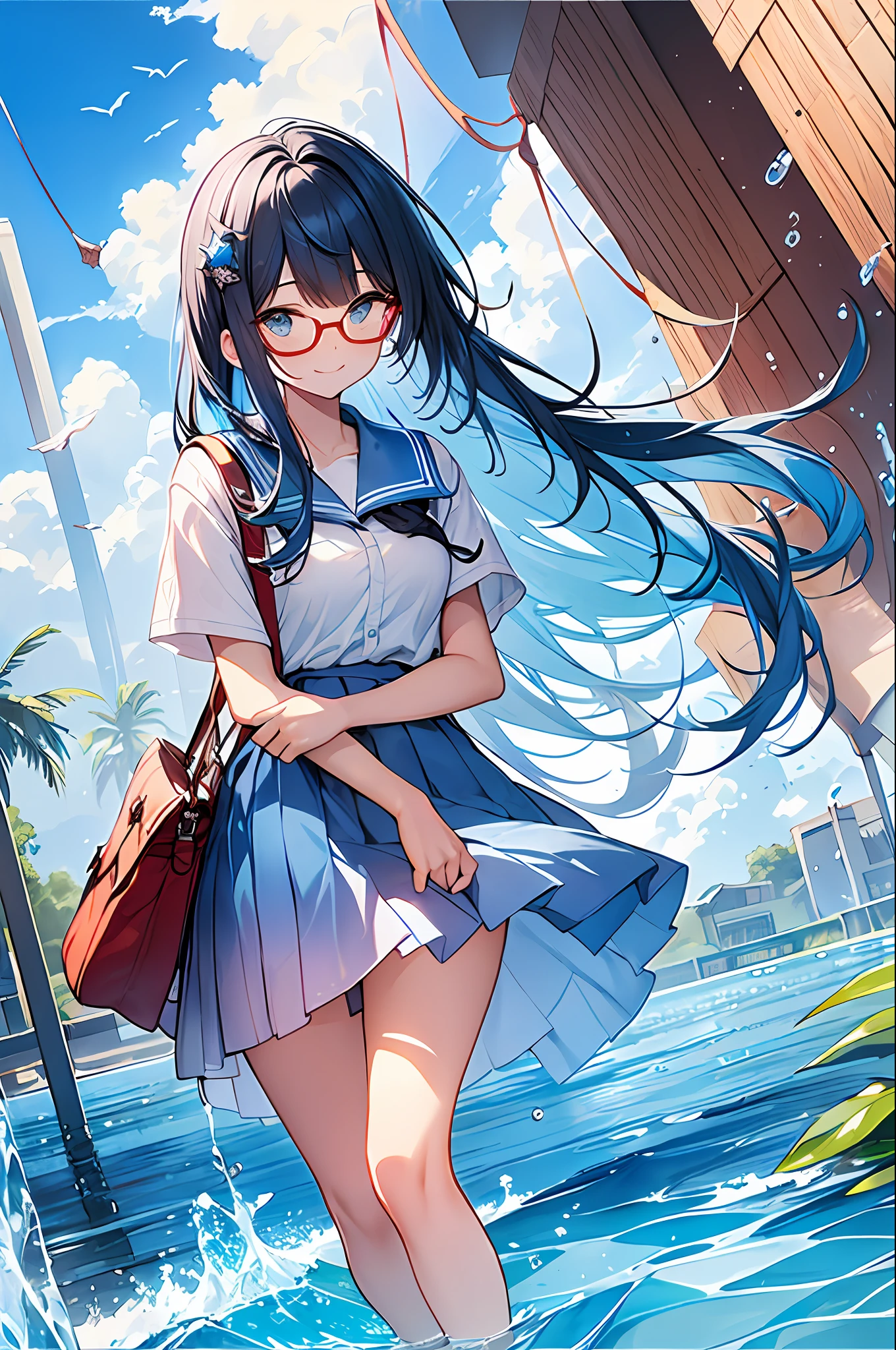 (Masterpiece, Top Quality, Best Quality, Watercolor (Medium), Official Art, Beautiful and Aesthetic: 1.2), (1 Girl: 1.3), (Fractal Art: 1.3), Full Body, Star-shaped Pupil, Watching Viewer, Pattern, (Blue Hair, Light Blue Hair, Half Blue and Half Light Blue Hair: 1.2), Water, Liquid, Clouds, Colorful, Sun, Sunlight, Cheeks Red, Smile, Glasses, Wet, School Uniform, (1 Student Bag)
