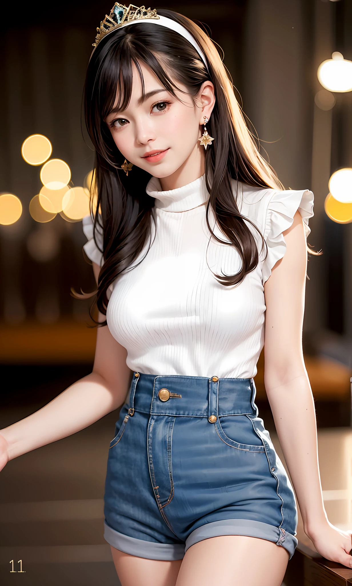(8k, RAW photos, best quality, High resolution: 1.1), (surreal: 1.4), (realistic, realistic: 1.3), soft light, girl, realistic face, realistic body, realistic skin, ridiculous, masterpiece, model, (cute: 1.8), cute, solo, (: 1.2), detailed black eyes, innocent eyes, blush, (dress conservative: 1.2), movie lights, film grains, jewelry, earrings, ((princess hairstyle: 1.1)), ((floating hair nova frog style)), loose turtleneck sweater, lady dress, bustling decoration, scarf, shorts, long white stockings, cherry lips, headband, hair bow, Big bow on chest, top hat, viewer, open lips, upper teeth, lower abdomen, (smiling eyes: 0.6), (grin: 1.2)), depth of field, blurred background, eye focus, bokeh, young, 85mm lens, f/1.4, professional lighting, young, photon mapping, radiosity, physically based rendering,