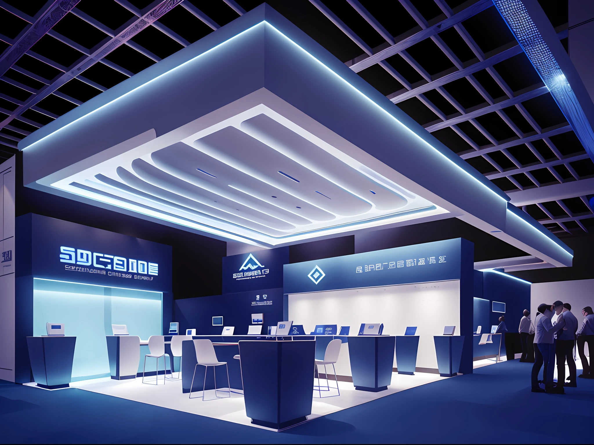 Booth design scheme, electrical category, lighting design, super detailed, ultra-wide angle, square design scheme, simple, dark main color, sense of technology, blue lighting, large booth